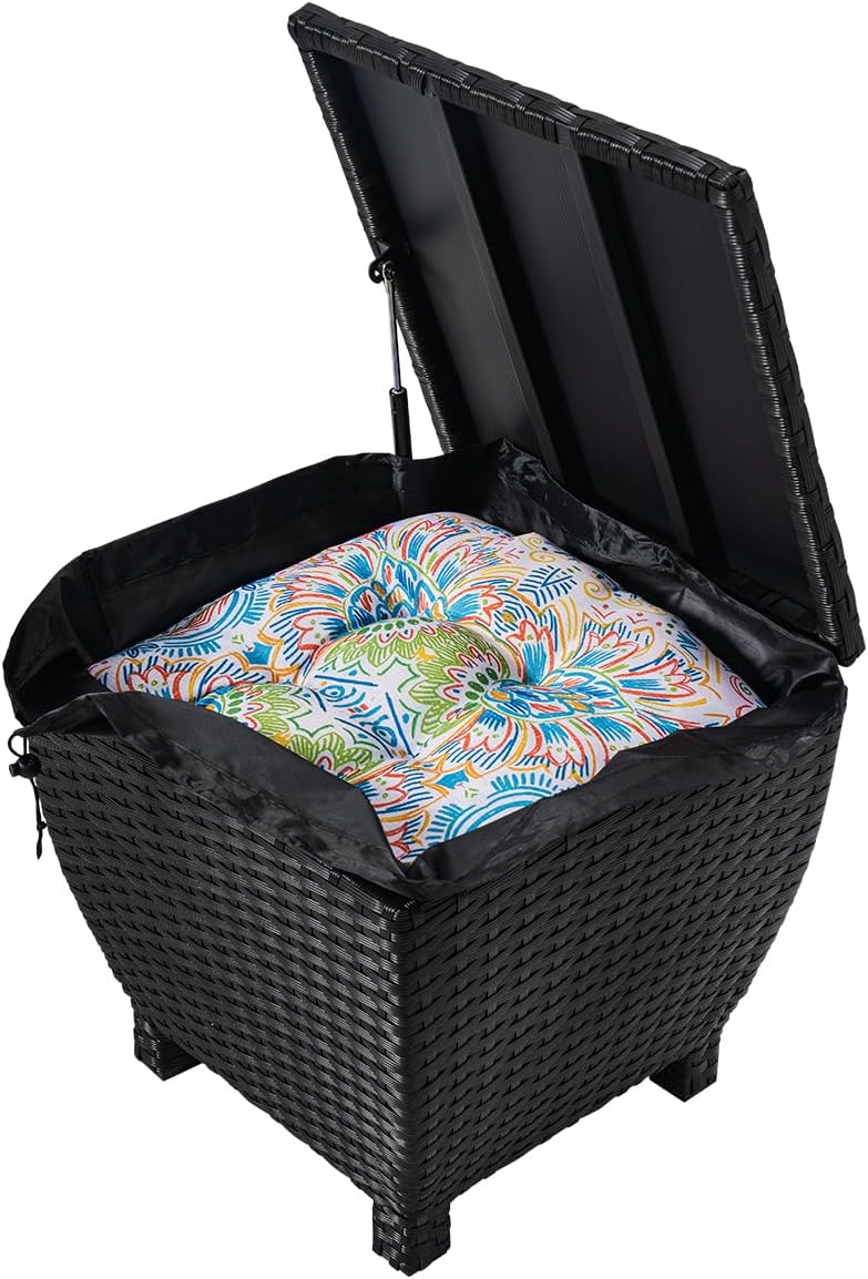 Outdoor Wicker Storage Box with Cover, 13 Gallon PE Rattan Deck Box for Outside with Waterproof Liner, Patio Storage Chest with Hinged Lid for Cushions, Pillows, Towels, Horizontal Bin, Black