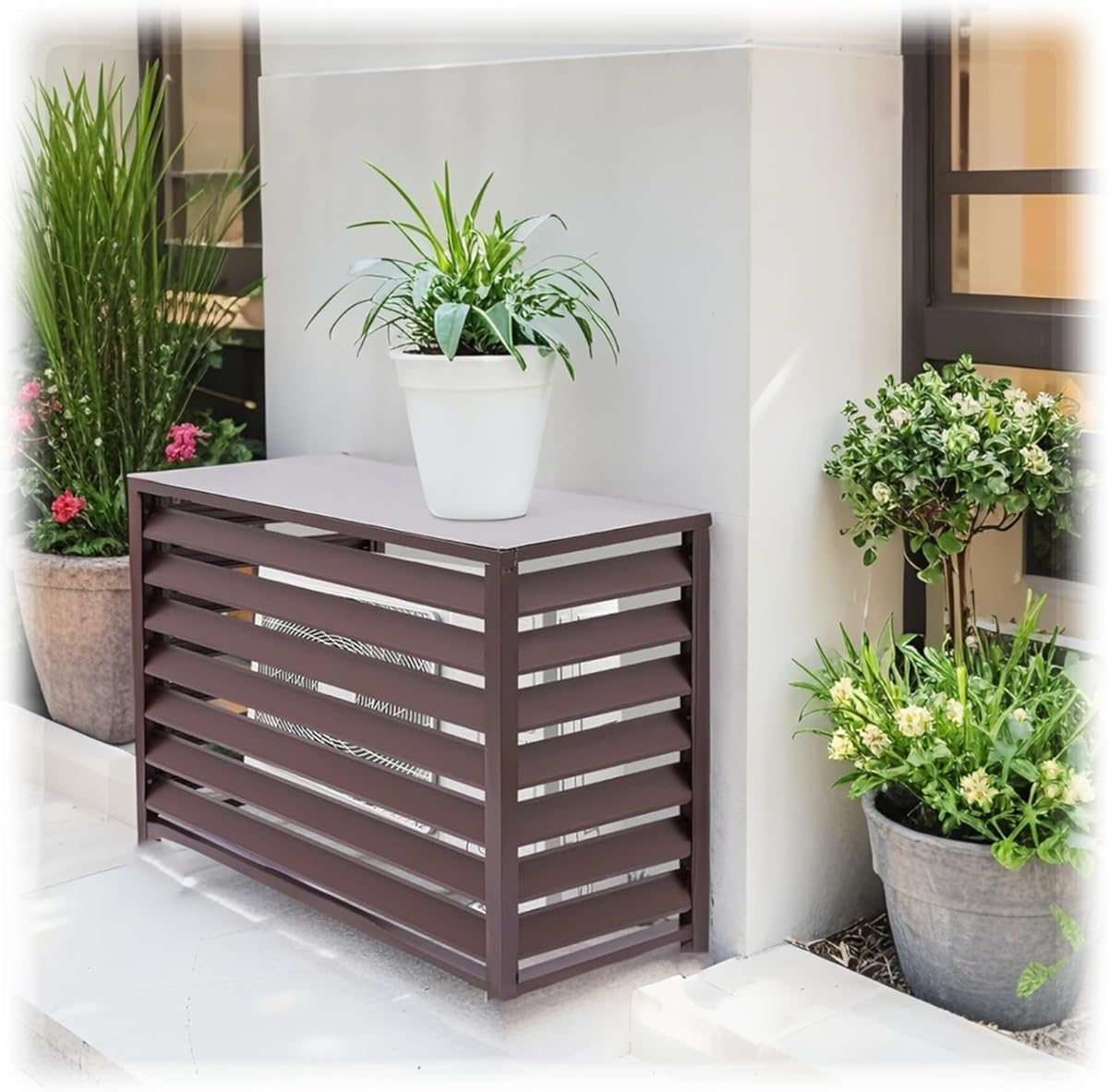 Outdoor Air Conditioner Cover For Heat Pump, Air Conditioner Protection Cover Aluminium To Hide Outdoor Air Conditioner Unit Flower Stand Louvered Fireproof(110*80*60cm)