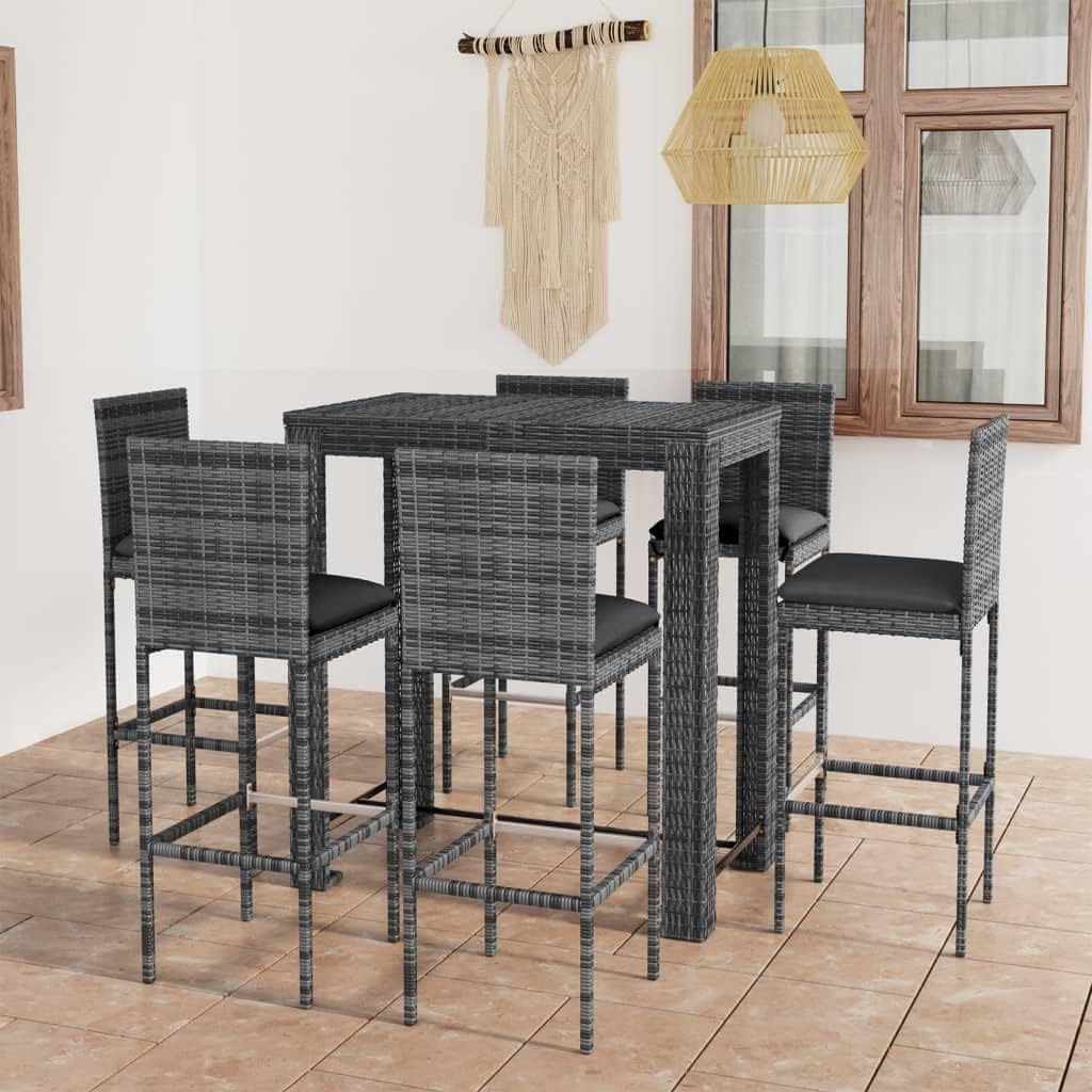 7 Piece Patio Bar Set with Cushions Poly Rattan Gray,Stylish Garden Bar Set for Relaxing and Comfortable Gatherings Patio Furniture Sets, Outdoor Furniture Sets