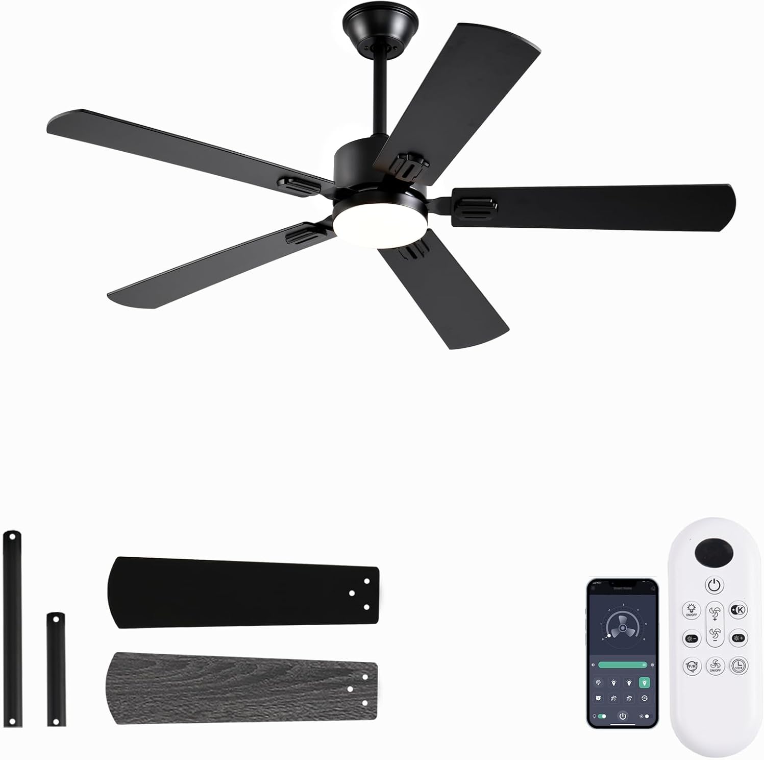 52 inch Modern Ceiling Fans with Lights APP/Remote Control, Low Profile Reversible 6 Speeds Ceiling Fan Light for Indoor/Outdoor Patio Bedroom Living Room,Black