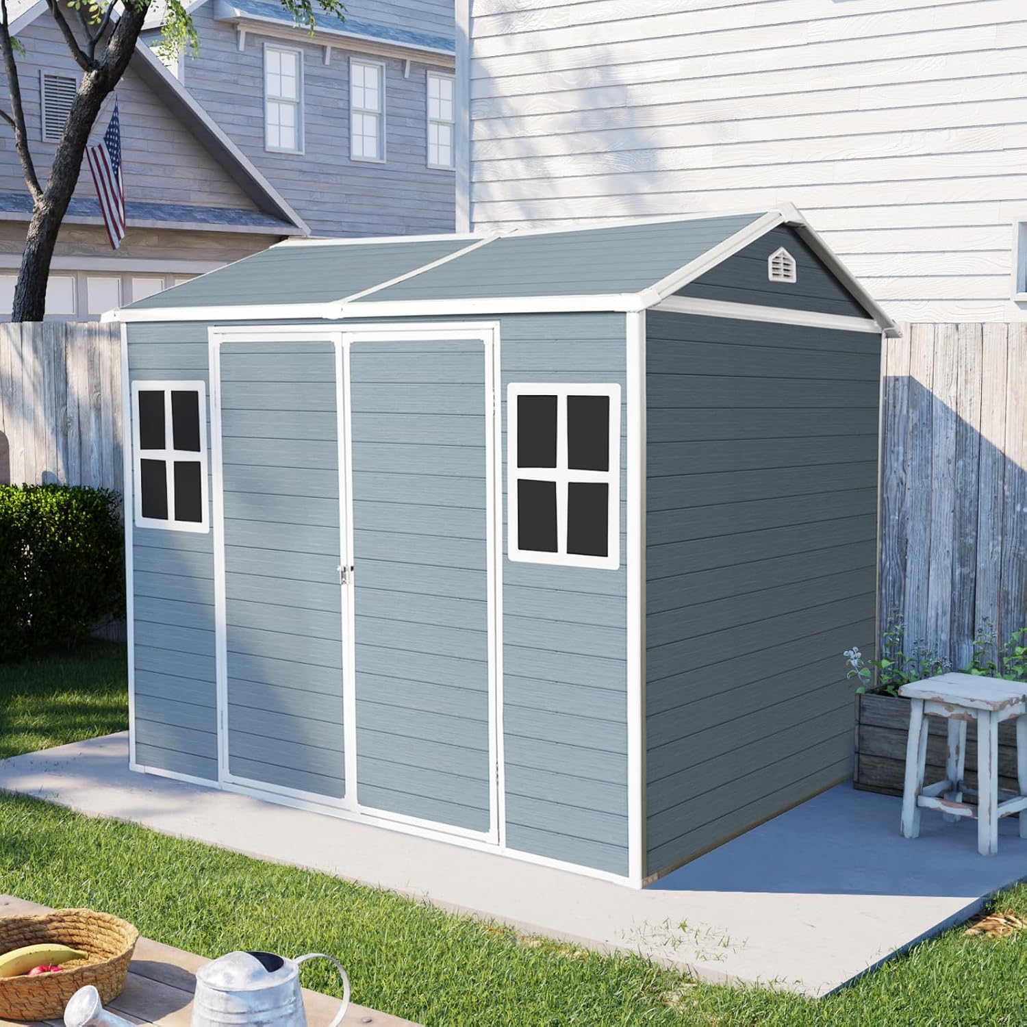 8x6 ft Outdoor Storage Shed with Two-Window and Double-Door, Resin Storage Shed with Lockable Door, Plastic Shed with Floor for Gargen, Patio, Yard, Lawn (Grey, 8 x6 ft)