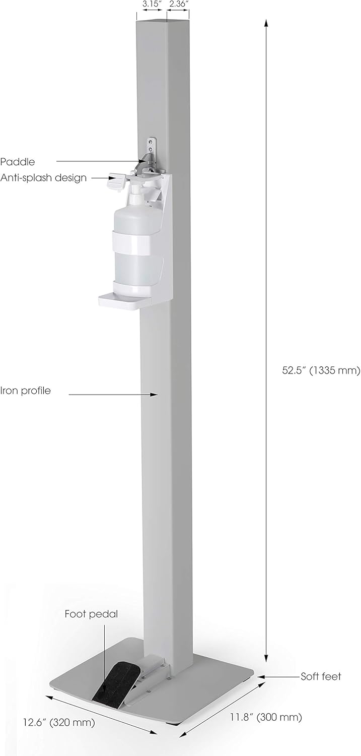 M&T Displays Basic Hand Sanitizer Dispenser Station Gray Handsfree Touchless Foot Operated Refillable 1000 mL. (33.8 oz.) for Liquid/Lotion Soap Sanitizing Products Floor Standing Commercial