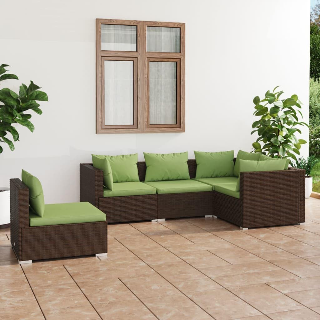 5 Piece Patio Lounge Set with Cushions Poly Rattan Brown Patio Furniture, Outdoor Furniture Sets