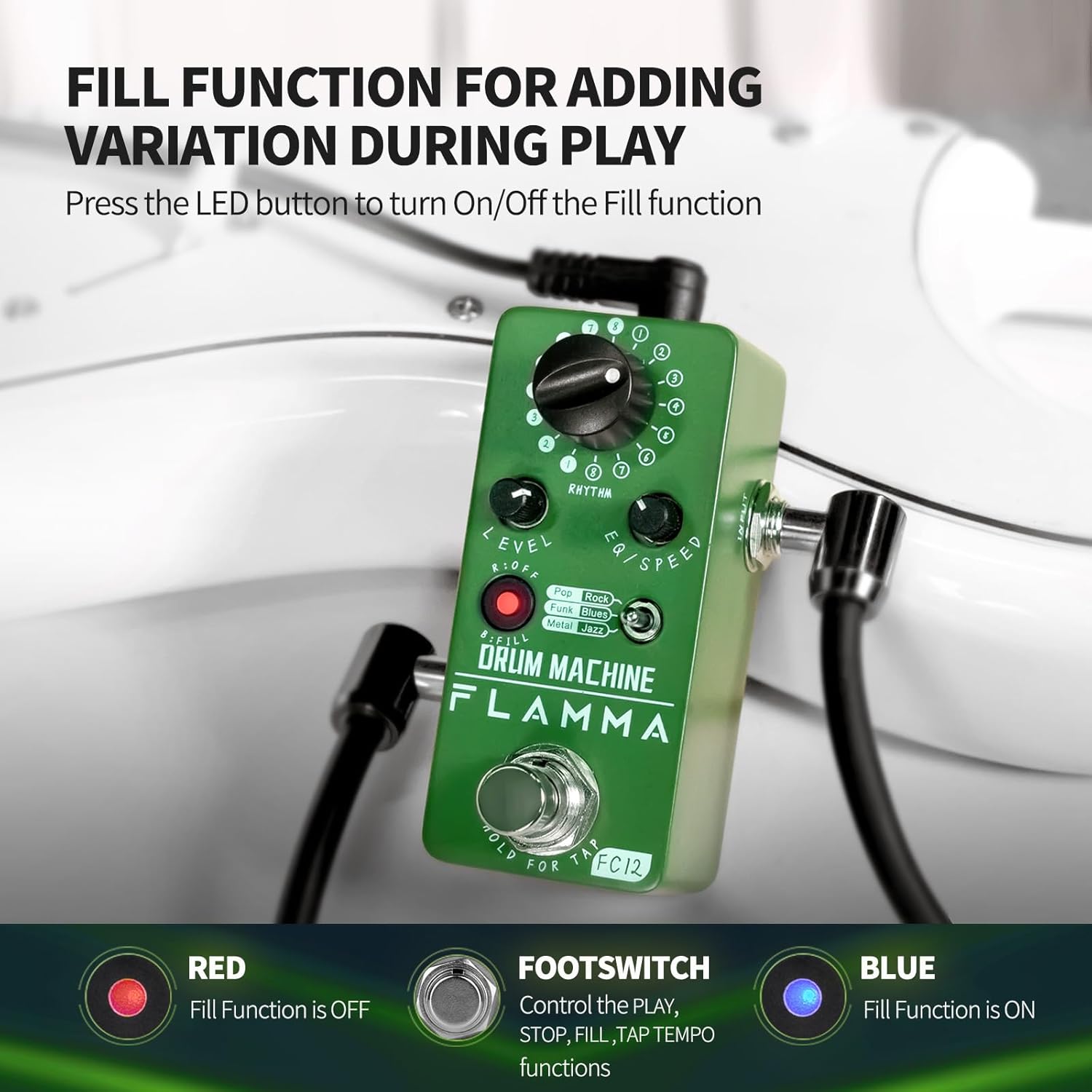 Flamma FC12 Drum Machine Guitar Pedal with 9V 300mA Power Supply