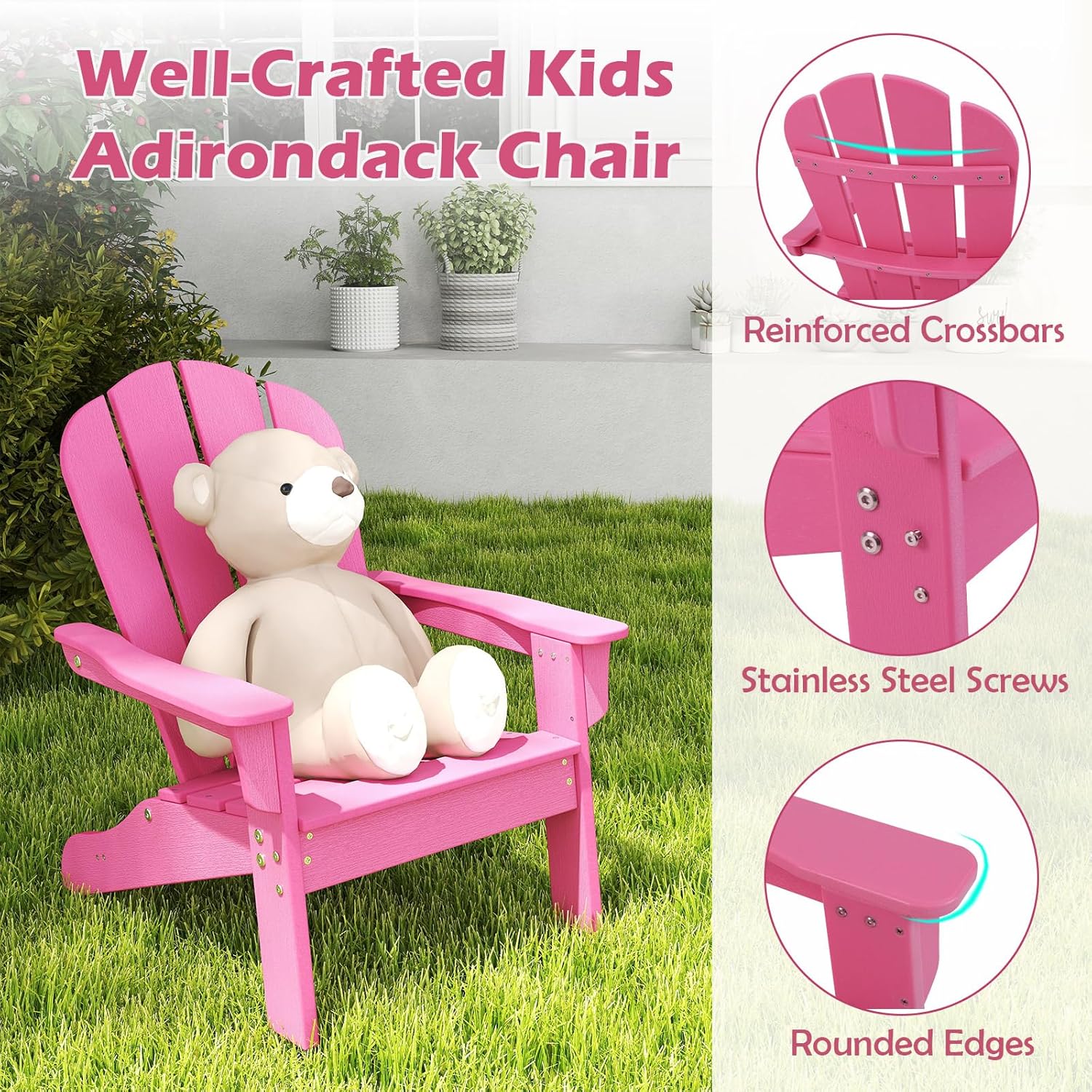 Costzon Kids Adirondack Chair, All-Weather HDPE Patio With High Backrest, Armrests, Fire Pit for Ages 3-8, Indoor Outdoor Lounge for Garden, Lawn, Yard (1,Pink)