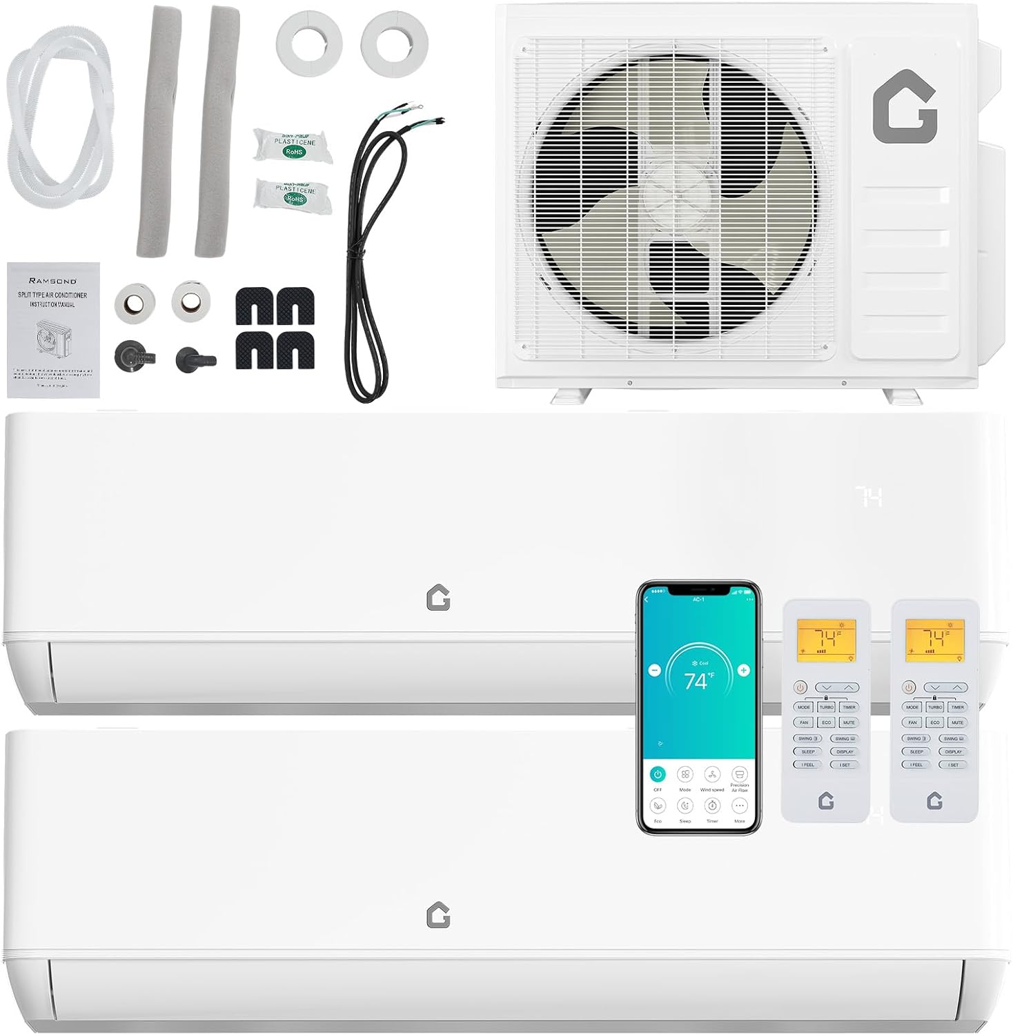 18K Dual 2 Zone Mini Split Air Conditioner,24 SEER2 12000 BTU+ 12000 BTU Wifi Enabled Multi Zone Ductless, 208-230V Cools Up to 1500 Sq.Ft Multi Zone Ductless Pre-Charged Heat Pump