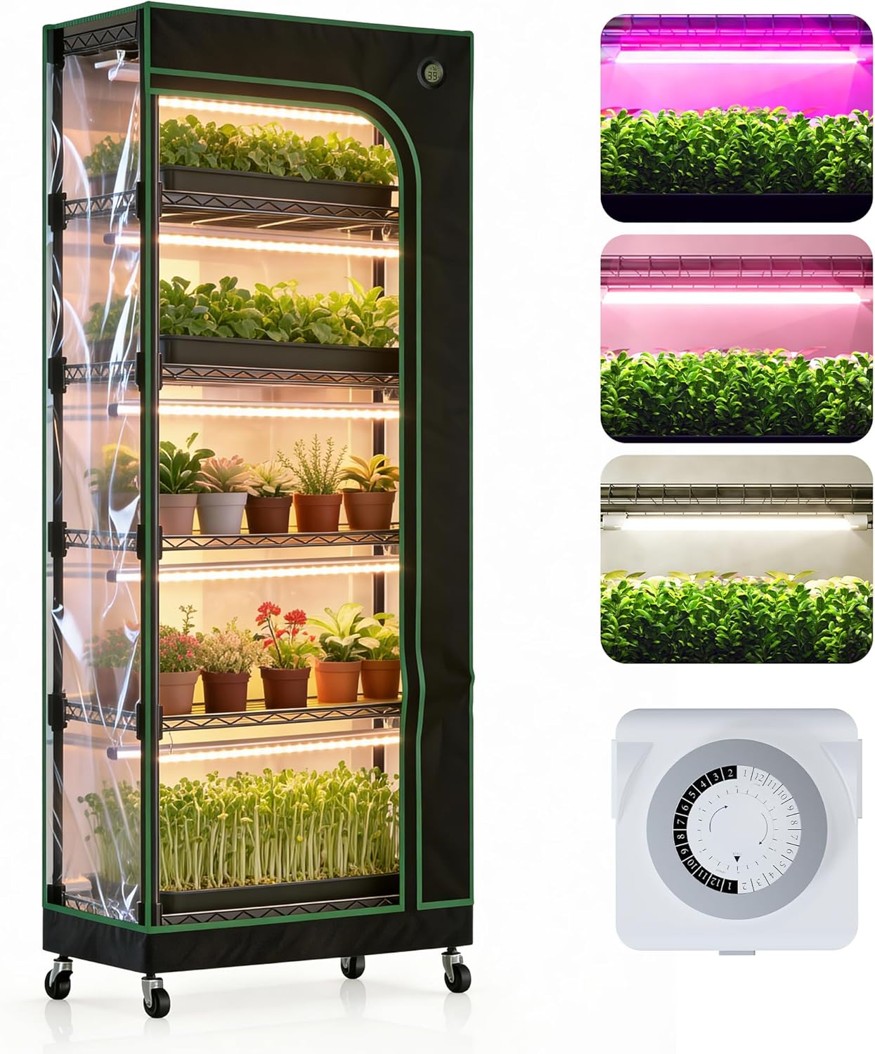 PYY Indoor Greenhouse with Grow Light - 6 Tier Heavy Duty T8 3000K Grow Lights, Curved Zip Door, Thermometer & Timer, Adjustable Shelves, 4 Caster Wheels for Home & Garden (27.6