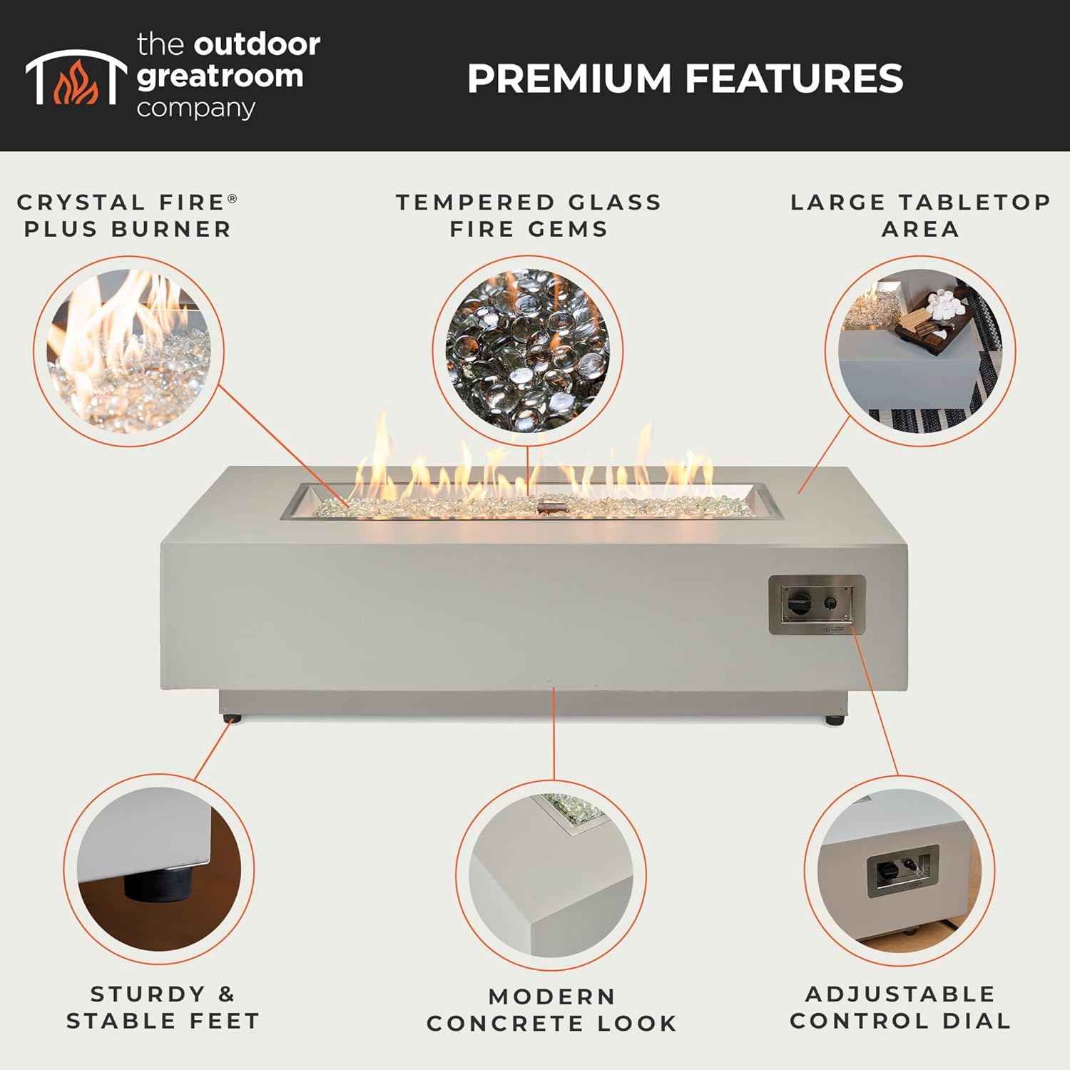 Outdoor GreatRoom Co. Harbor View Gas Fire Pit Table Rectangular Concrete Fire Pits for Outside Patio - 65,000 BTU Propane Fireplace Heater, Glass Coffee Table Cover, Clear Fire Rocks