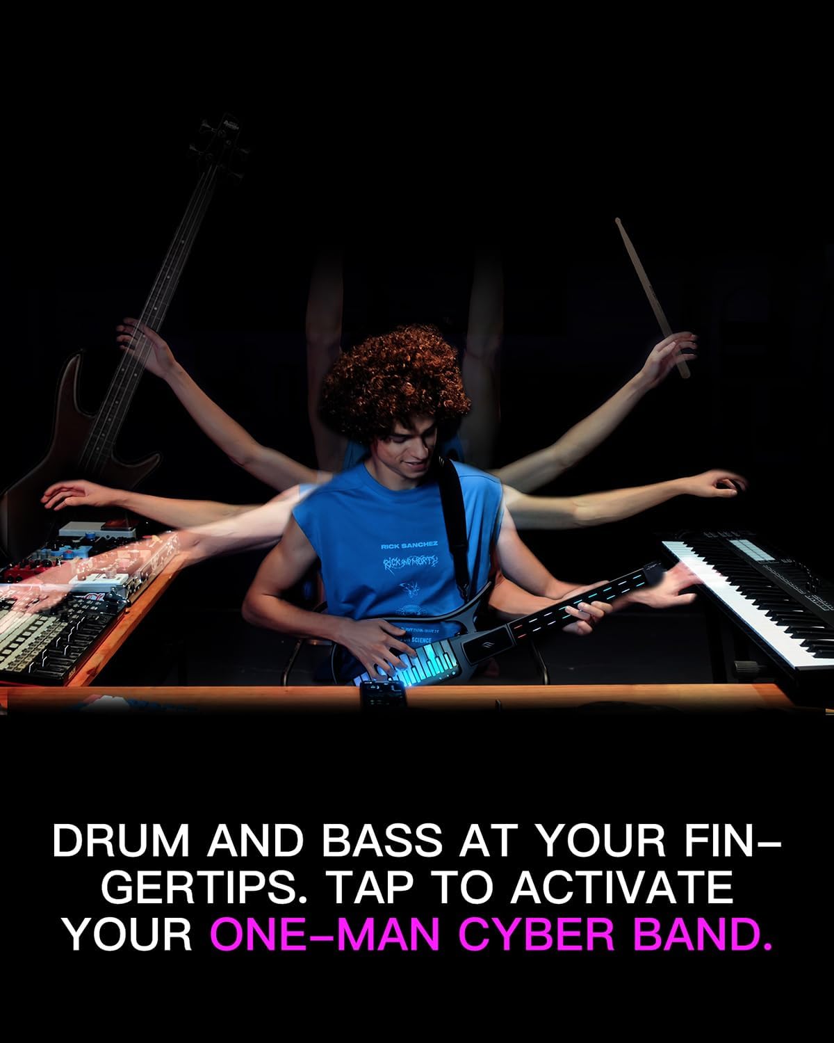 Enya CYBER-G Stringless Smart Guitar, Foldable Travel Backing Guitarra, Built-in Drum Machine & Bassline, 20 instrument Sounds for One-Man Band, App Interactive Chord Sheets For Adults & Teens (Blue)