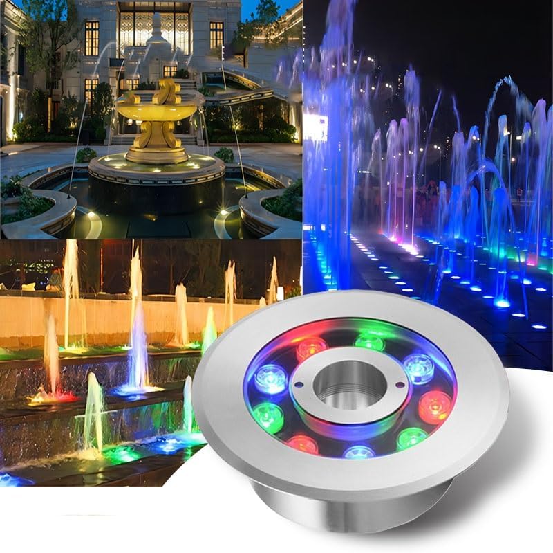 LED Fountain Light - Submersible LED Pool Lights, IP68 Waterproof Center Hole Underwater Light, Pool Landscape Spotlight, Stainless Steel Color Changing Spotlight(Green,24W(12V))
