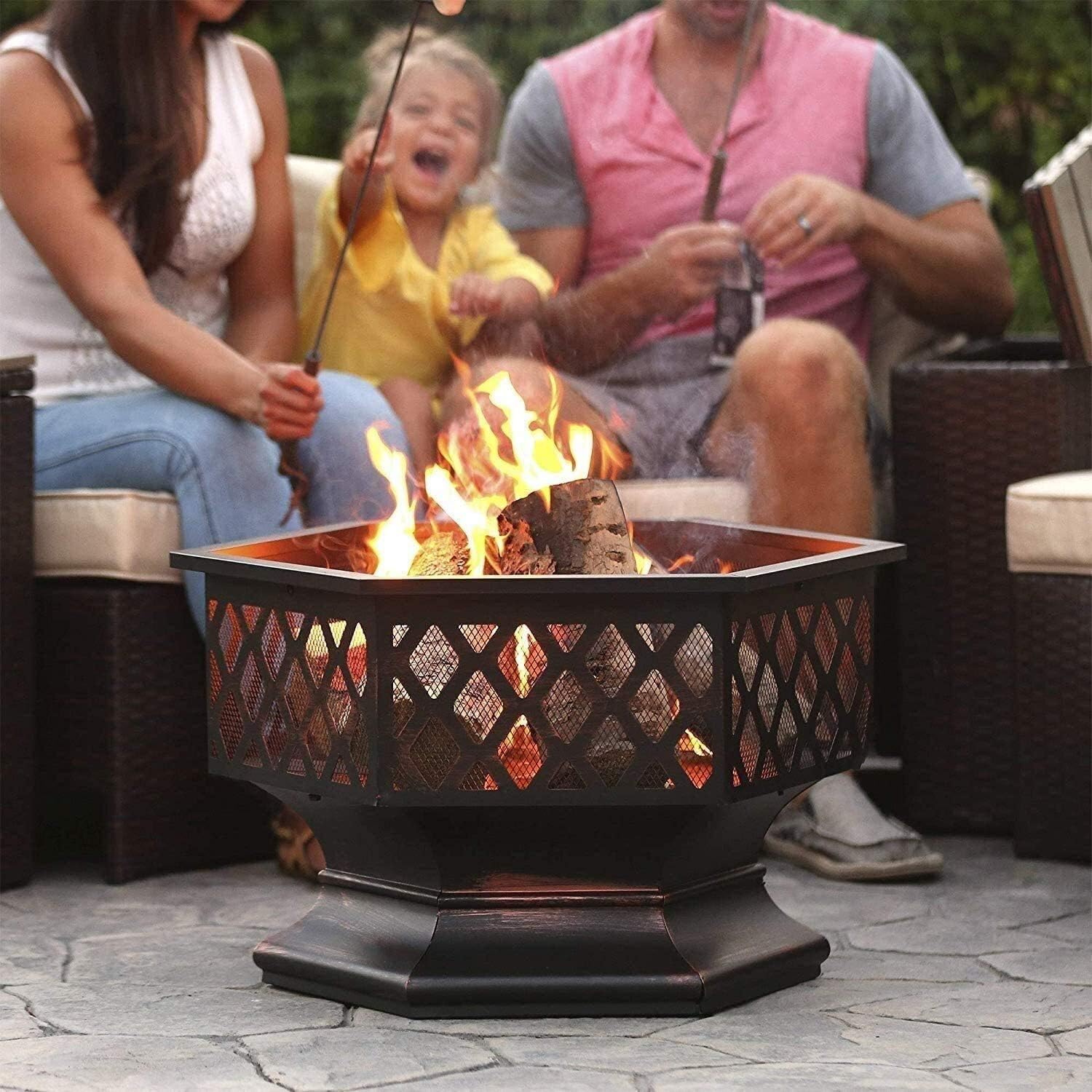 Outdoor Fire Pit 25-Inch Outdoor Fire Pit with Mesh Screen and Poker Hex Shaped Metal Wood Burning Bonfire Pit for Outdoor Camping