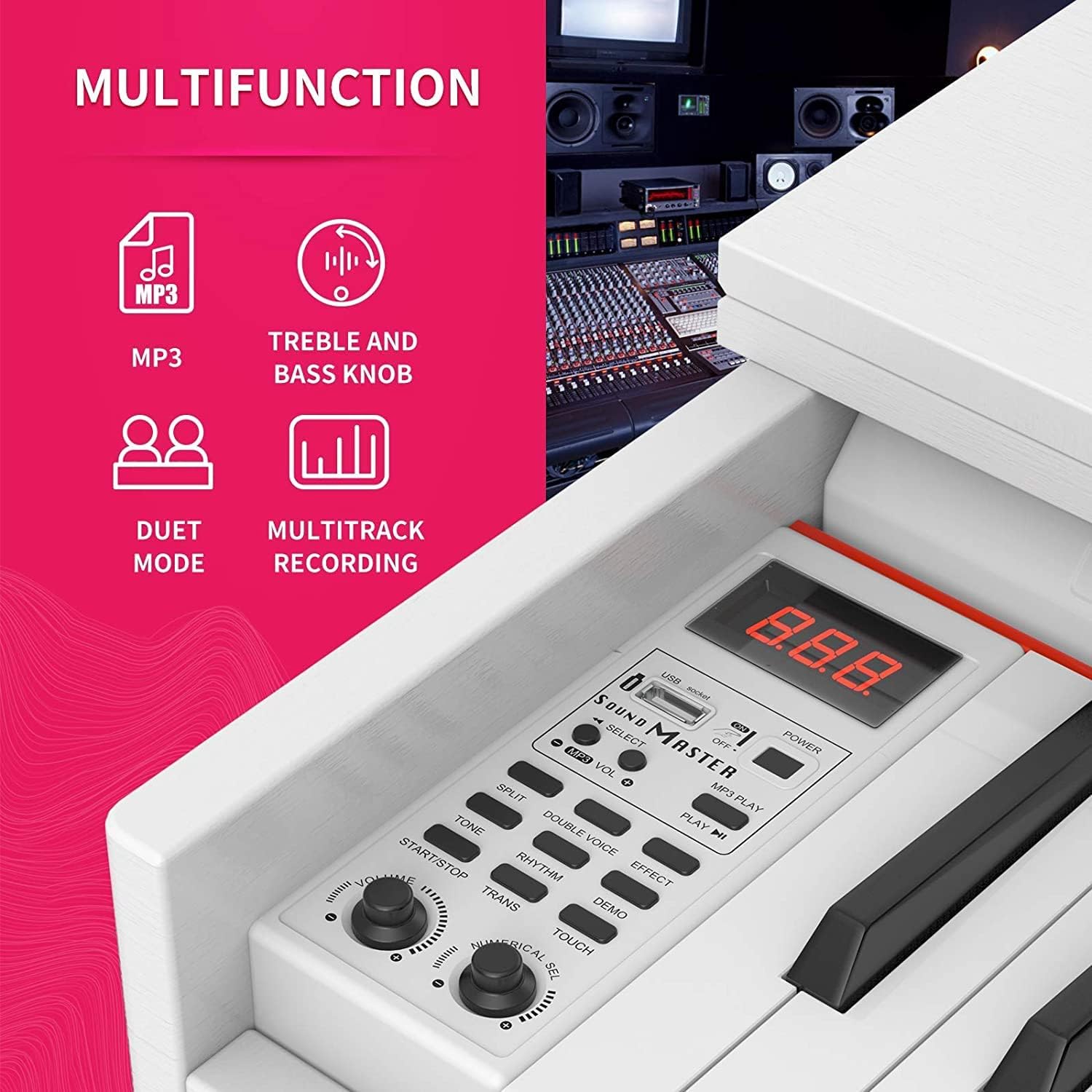 88-Key Weighted Digital Piano, Electric Upright Piano with 3-Pedal Unit Board, LCD Screen, Multi-Functional Full Size Keyboard and Power Adapter for Beginner/Adult (White(without Piano Bench))