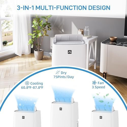 14,000 BTU Portable Air Conditioner - Quiet AC Unit Covers 750 Sq. Ft, 3 Fan Speeds With Dehumidifier Mode, Easy Install Window Kit & Follow Me Temperature Control, White