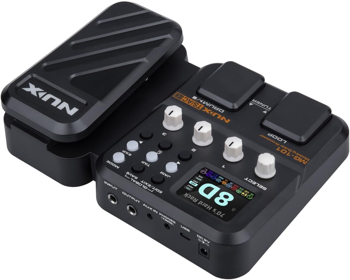 NUX MG-101 Amp Modeler and Guitar Effects Processor - Bundle with 2 Patch Cables, Instrument Cable and Aux Cable