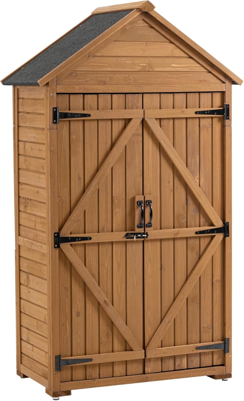Wood Outdoor Storage Shed with 2 Lockable Doors, Garden Tool Shed Tool Organizer with Shelves Asphalt Roof, Storage Cabinet for Patio Lawn (Brown)