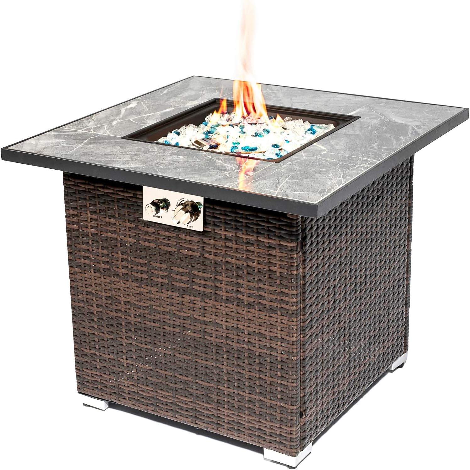 Propane Fire Pit Table, 40,000 BTU Gas Fire Pit, Wicker Patio Outdoor Fire Table, 30 Inch Square Gas Firepits for Outsides Backyard with ETL Certification, Glass Rocks, Lid, Cover, Brown
