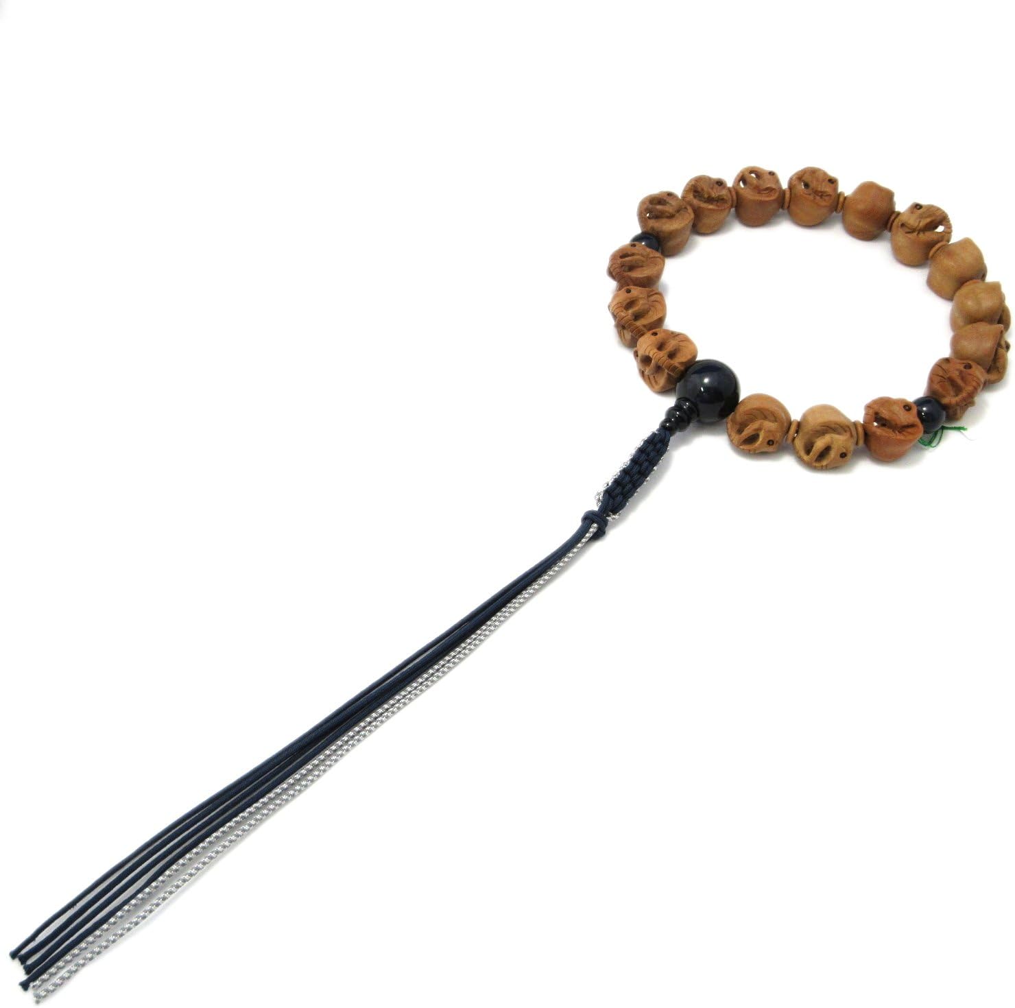 京都あさひ屋 Elephant Wood Carving with Blue Tiger Eye Japanese Juzu Buddhist Prayer Beads Handemade in Kyoto JUA34