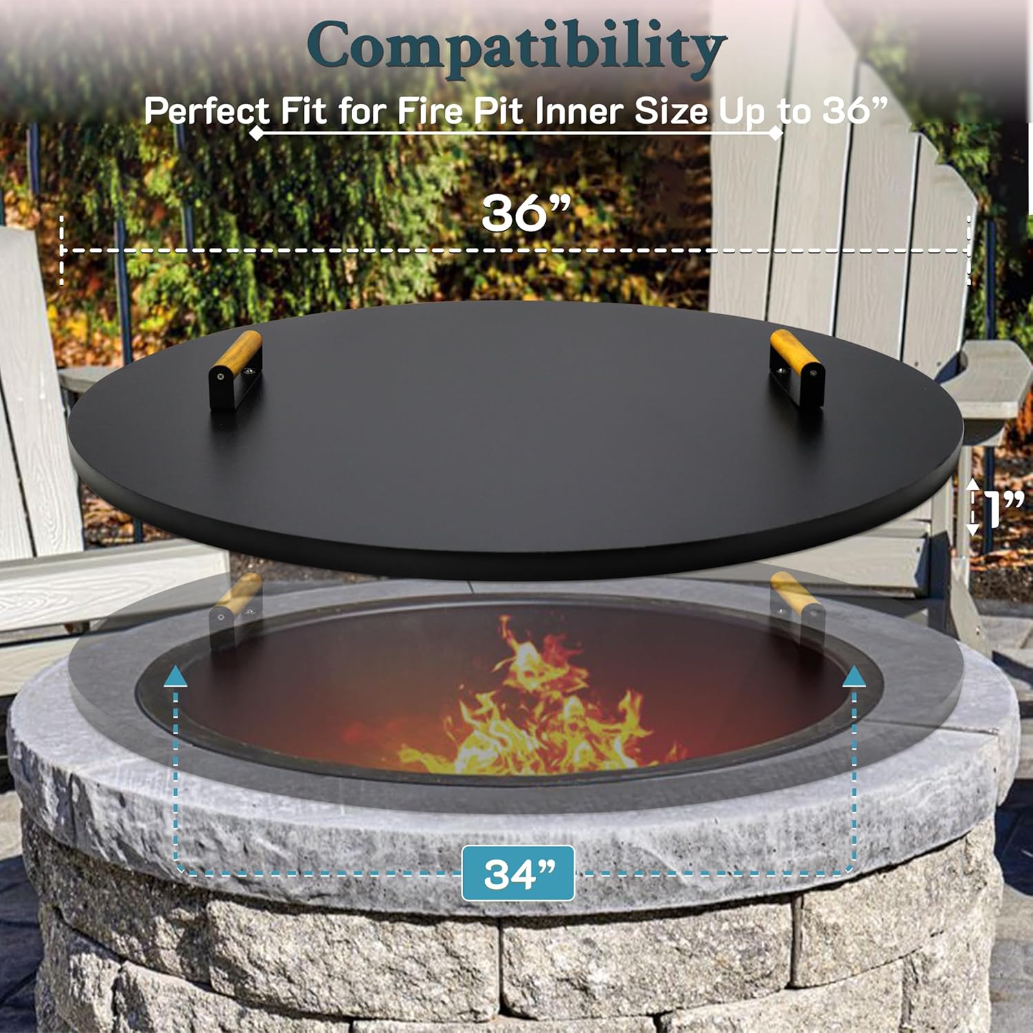 28” firepit lid round for inside up to 26” gas fire pit lid for Outdoor Fireplace Cover Lid Steel fire pit metal cover W/ 2 Wooden Handles & Powder Coated Snuffer Lid for Round Patio Fire Pit Ring