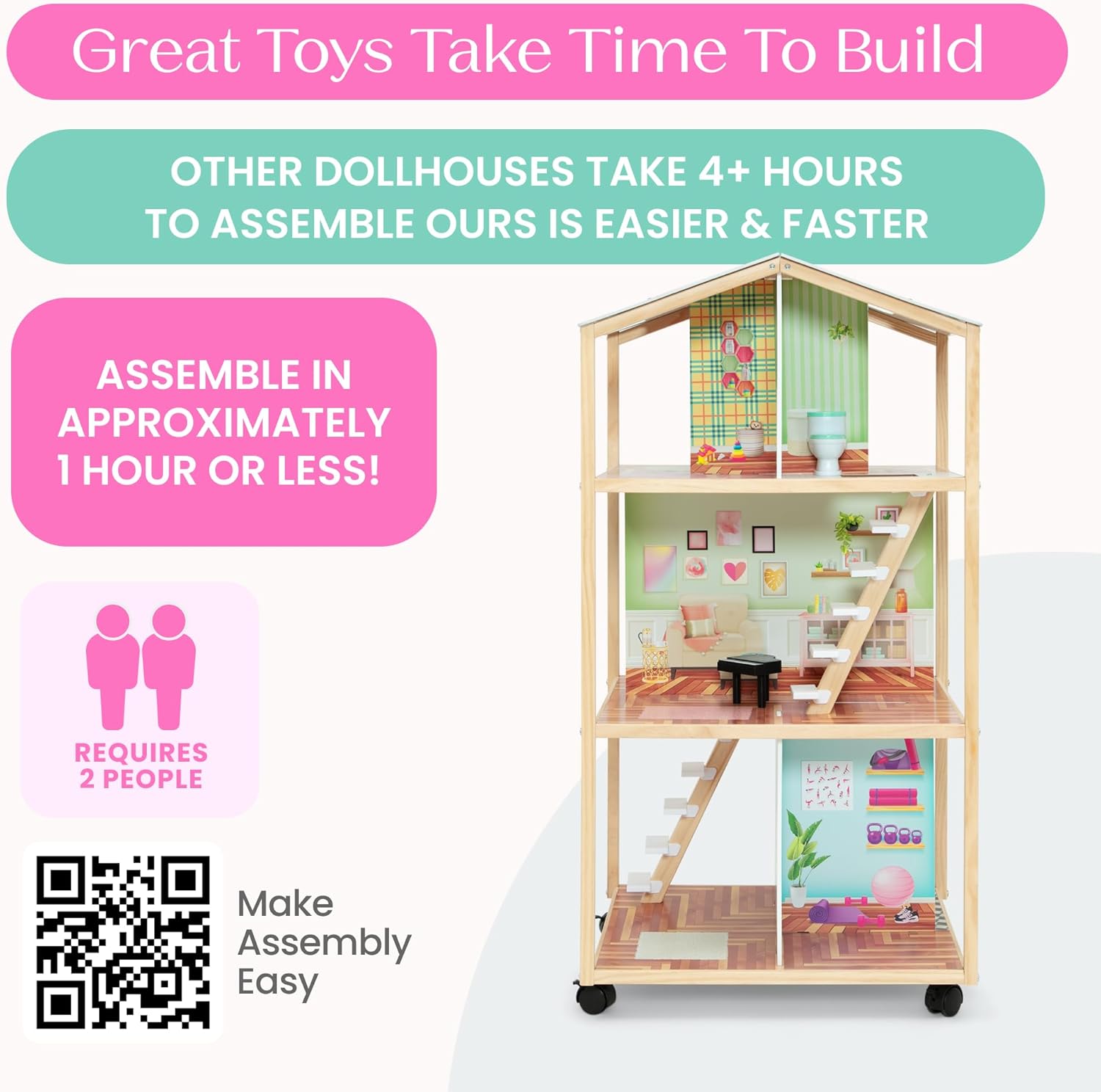 Delta Children Moveable Mansion Dollhouse - 360-Degree Play Dollhouse with Wheeled Base - Includes 16 Accessories - Fits 12-inch Dolls - Pretend Play Dream Gift for Ages 3+