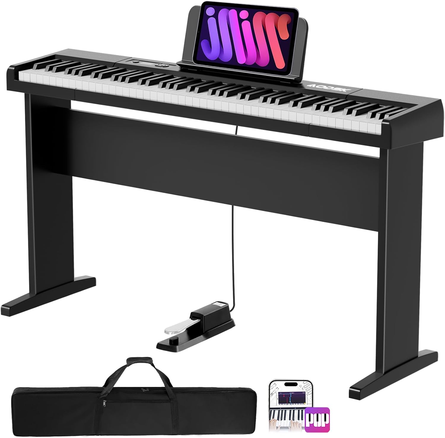 AODSK 88 Key keyboard piano, Portable Digital Piano with Wooden stand Set+Piano Bench with Padded Cushion,Keyboard Bench