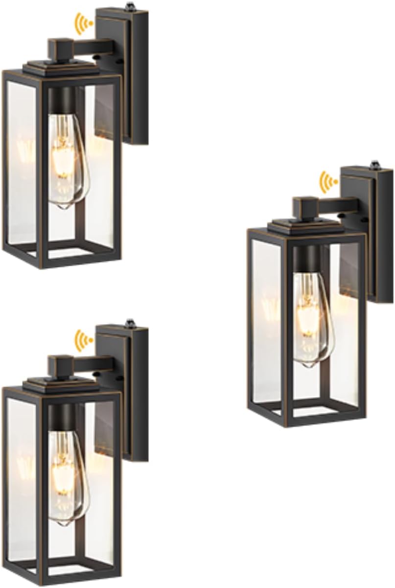 VIANIS Dusk to Dawn Exterior Wall Lights, Black Gold Modern Outdoor Wall Lighting Lantern, Waterproof Garage Lamp Sconce for House Patio, 100% Aluminum Front Porch Light Wall Mount Fixture, E26 Socket