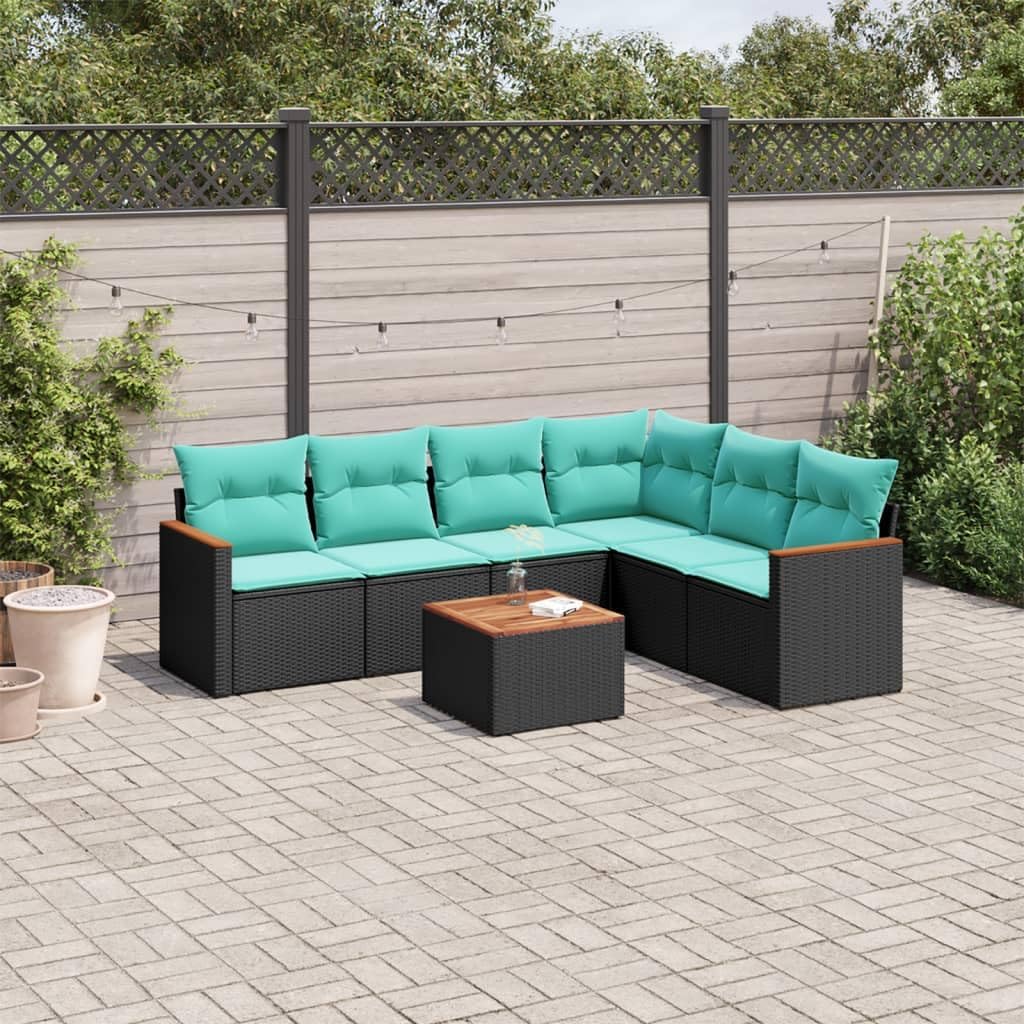7 Piece Patio Sofa Set with Cushions Black Poly Rattan, Modular Outdoor Furniture with Removable Covers and Storage Function, Durable PE Rattan and Acacia Wood Tabletop