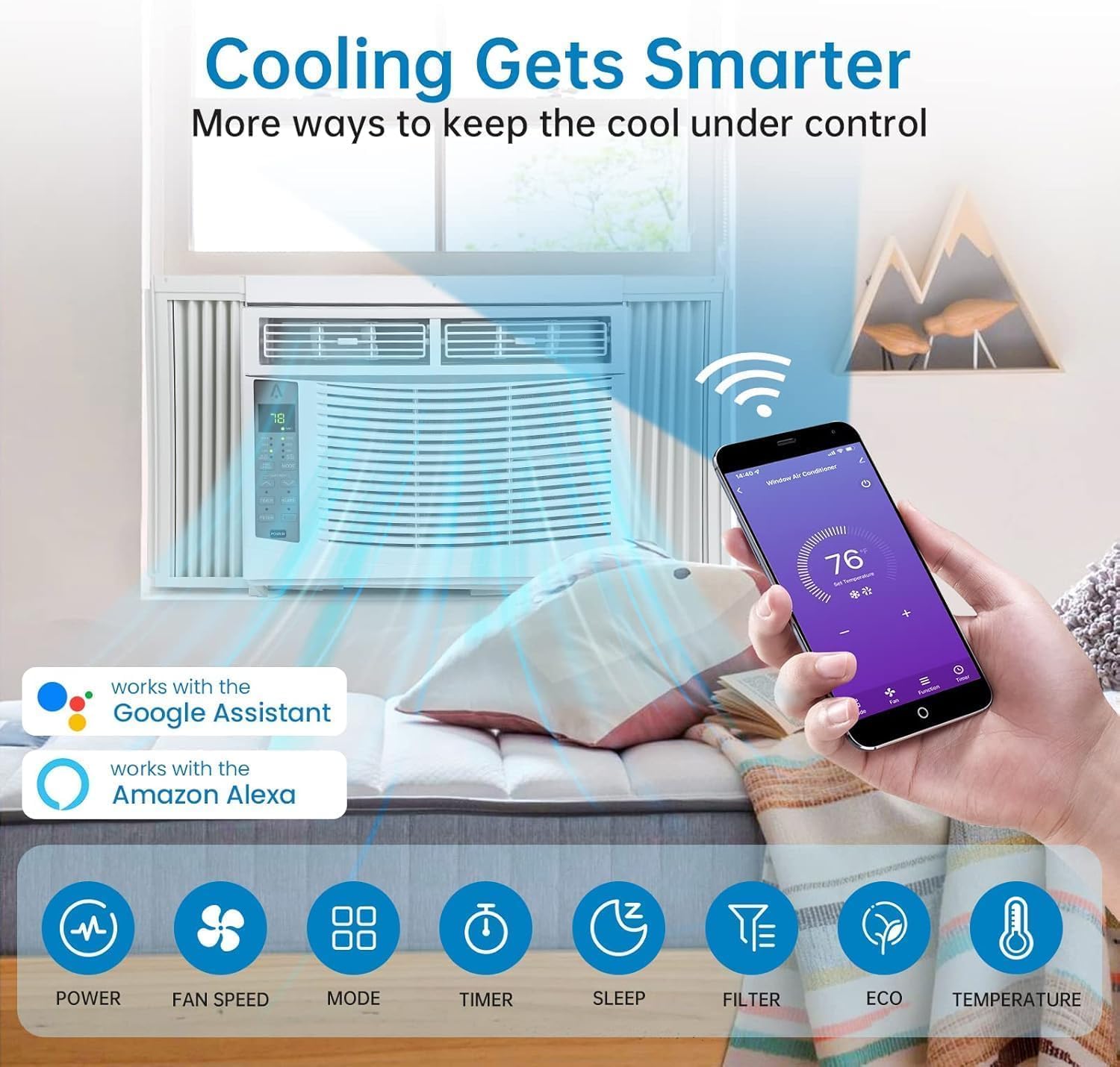 6000 BTU Window Air Conditioner with WiFi, Silent Indoor Window Air Conditioner, Cools up to 250 Sq. Ft. Energy Efficient/Remote/Application Control/Timer Function, Bedroom, Living Room