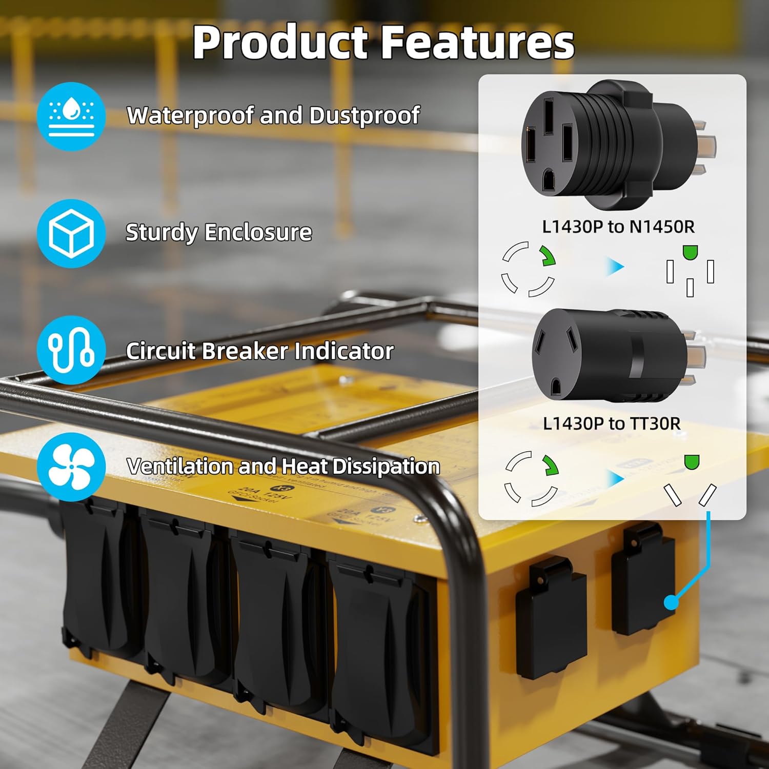 Joinfworld Power Distribution Box,50A 125V/250V NEMA SS2-50 CS6375 Inlet, 30A Circuit Breaker, Individually Controllable Sockets, Heavy - Duty Waterproof Enclosure with Cooling Fan