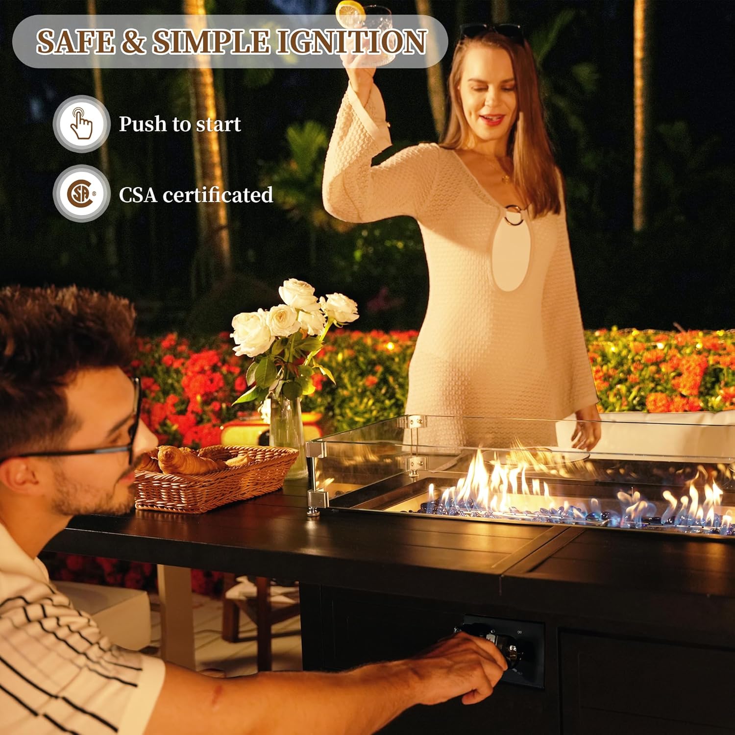 PIZZELLO 60 Inch Propane Firepit Table - Outdoor Rectangular Aluminum Fire Table w/Wind Guard - 50,000 BTU Gas Fire Pit with Glass Beads and Waterproof Cover