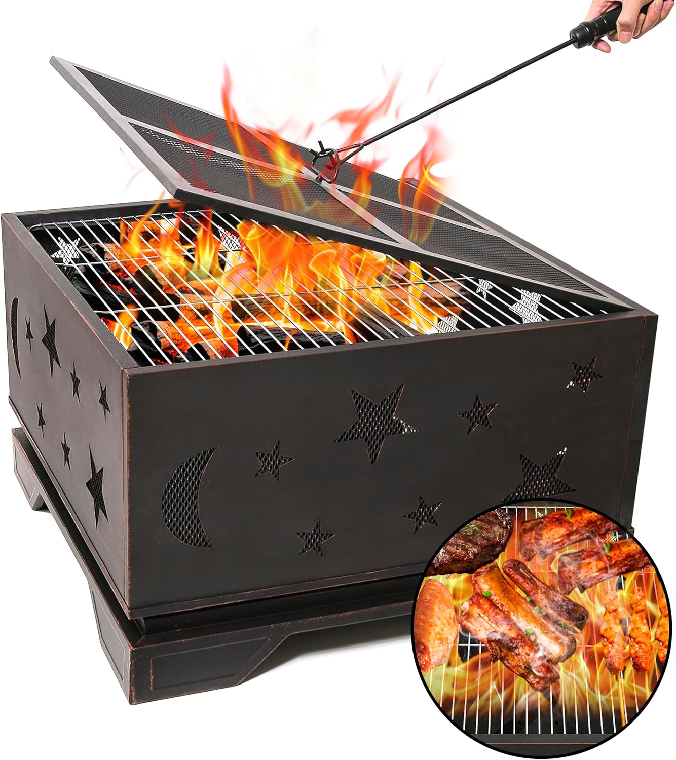 Outdoor Charcoal Grill Wood Burning Firepit for Patio Garden, Backyard, Camping - Large Burning Space Fireplace Accessories with Poker