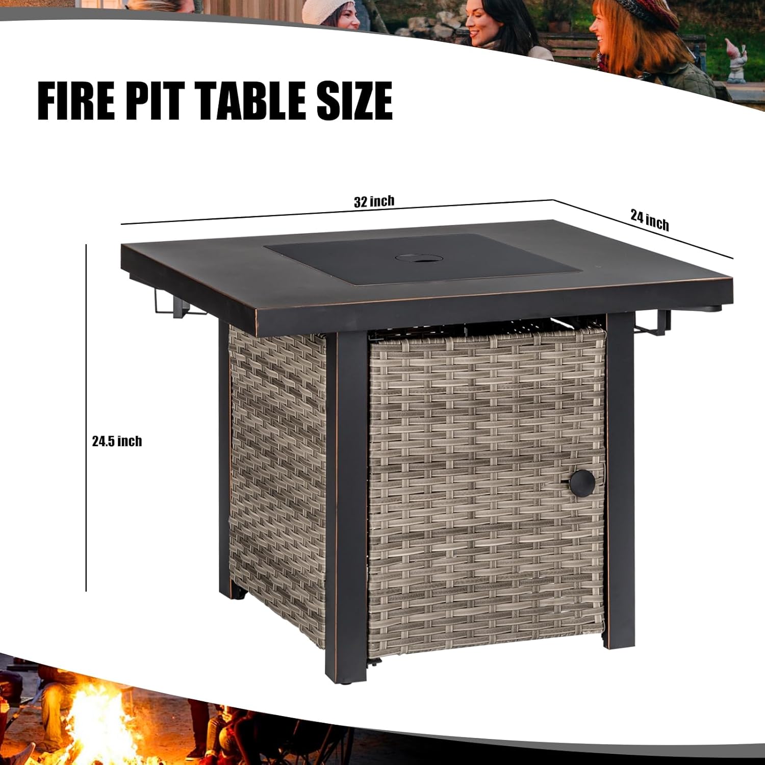 32 Inch Propane Fire Pit Table, Outdoor Gas Fire Pits with 2 Drink Holders, Lid & Lava Rock, 50000 BTU Firepit Table for Dinning, Party in Outside, Patio, Garden or Yard