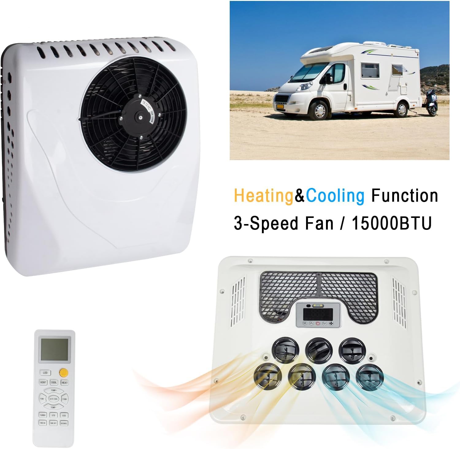 12V RV Air Conditioner, 15000 BTU Rooftop DC A/C Unit with Cooling & Heating, 3-Speed Fan, Digital Control Panel, Quiet & Energy-Saving Air Conditioner for Camper Van, Trailer, Motorhome, Bus, Truck