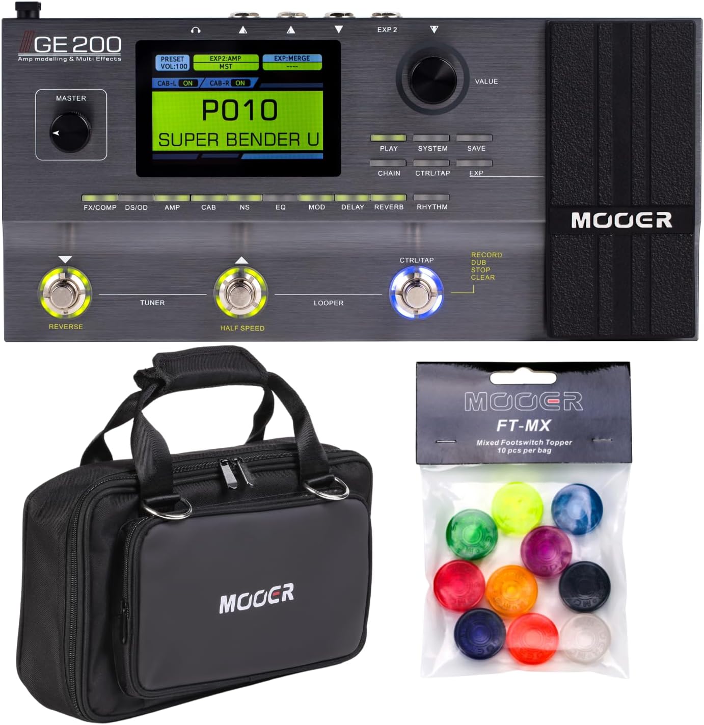 MOOER GE200 Classic Guitar Multi Effects Pedal Adjustable Chain for Metal Music Massive Tones with Portable Soft Case, Pedalboard Footswitch Toppers