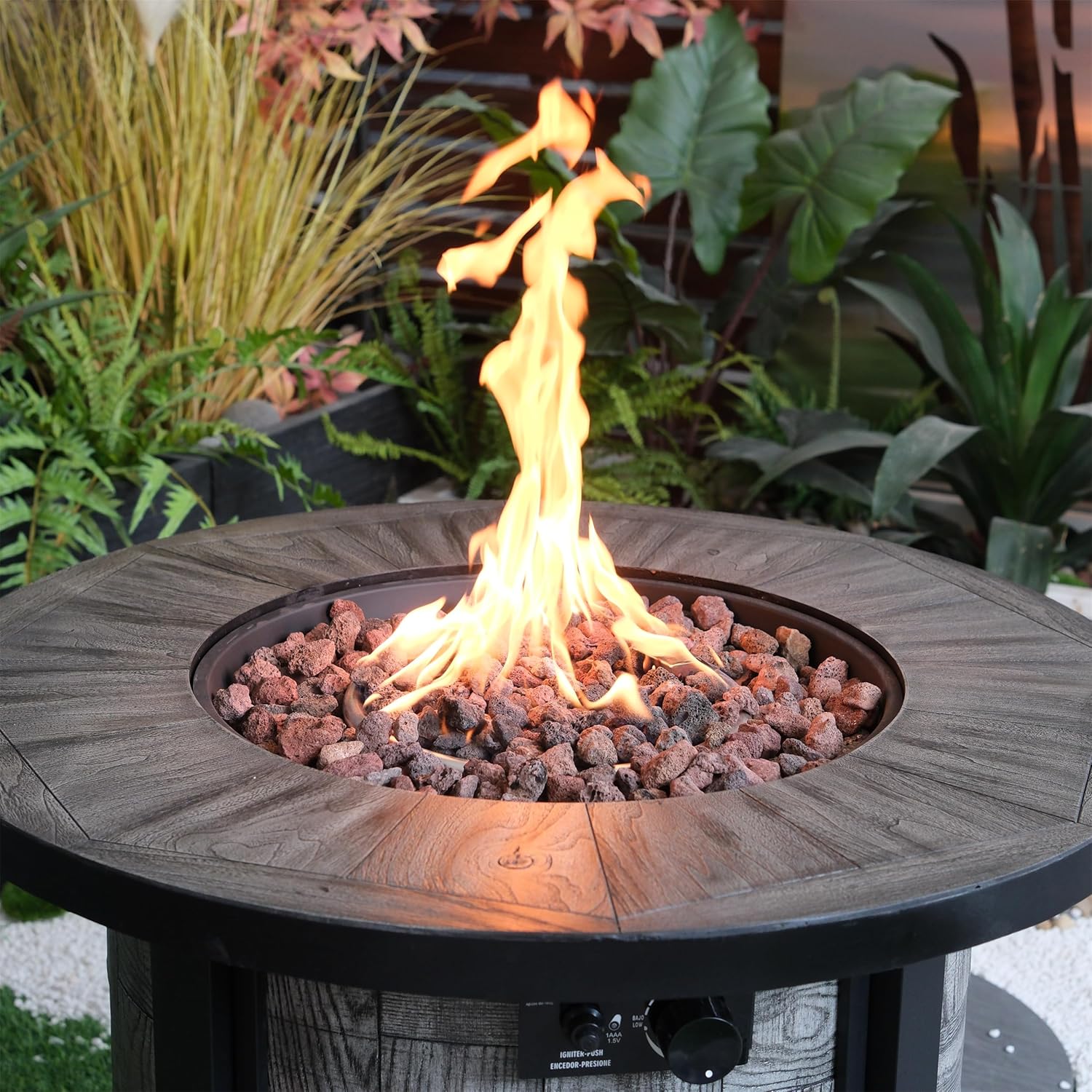 ESPIDOO Outdoor Gas Fire Pit Table: Modern Wood-Grain Round Metal Frame with 50,000 BTU for Patio Backyard Gatherings—Adjustable Flame & Lava Rocks for Adults Socializing