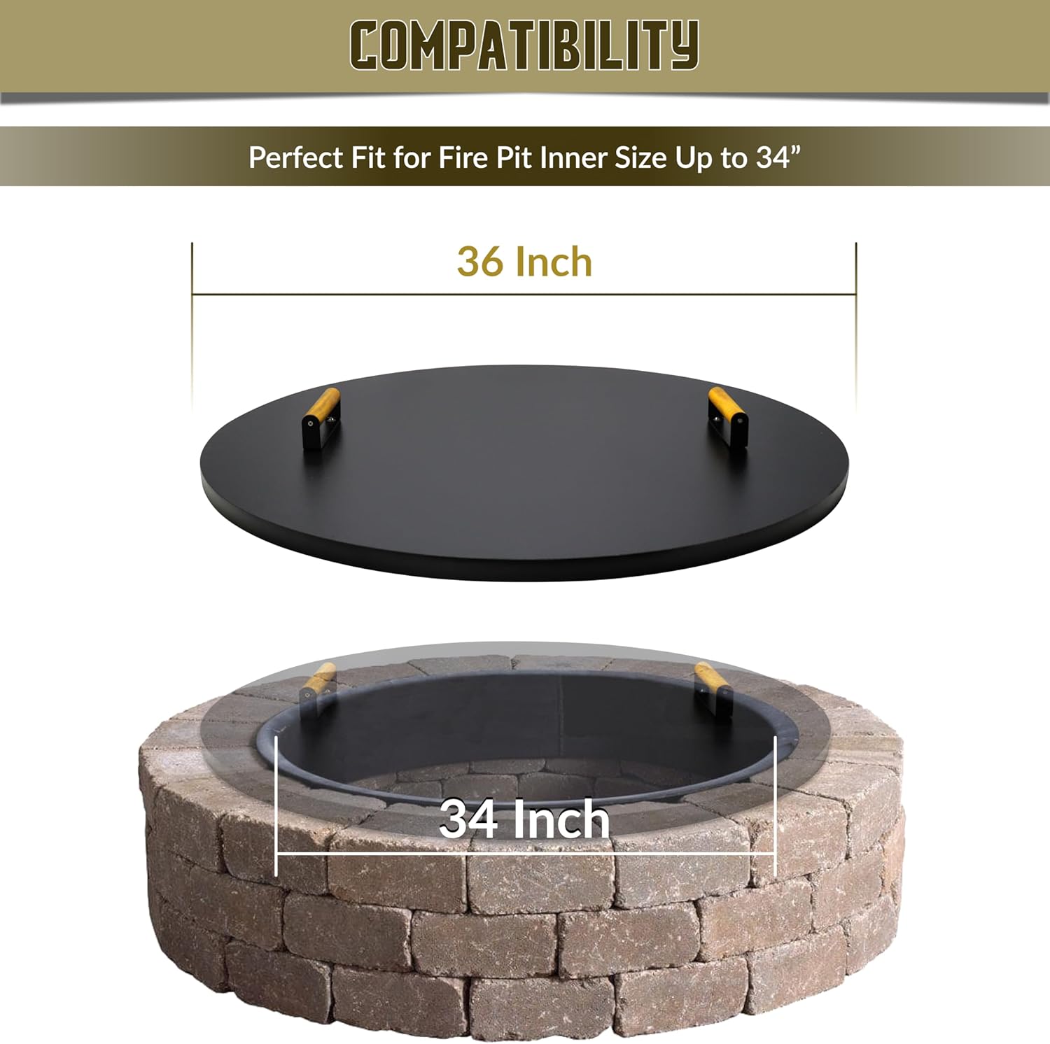 Simond Store Fire Pit Cover Round, Snuffer Lid Ring Steel 36” inch Diameter, Drop-in Burner Fire Pit Pan Lid- 2 mm Thickness, Grill Fire Ring Lid with Handle