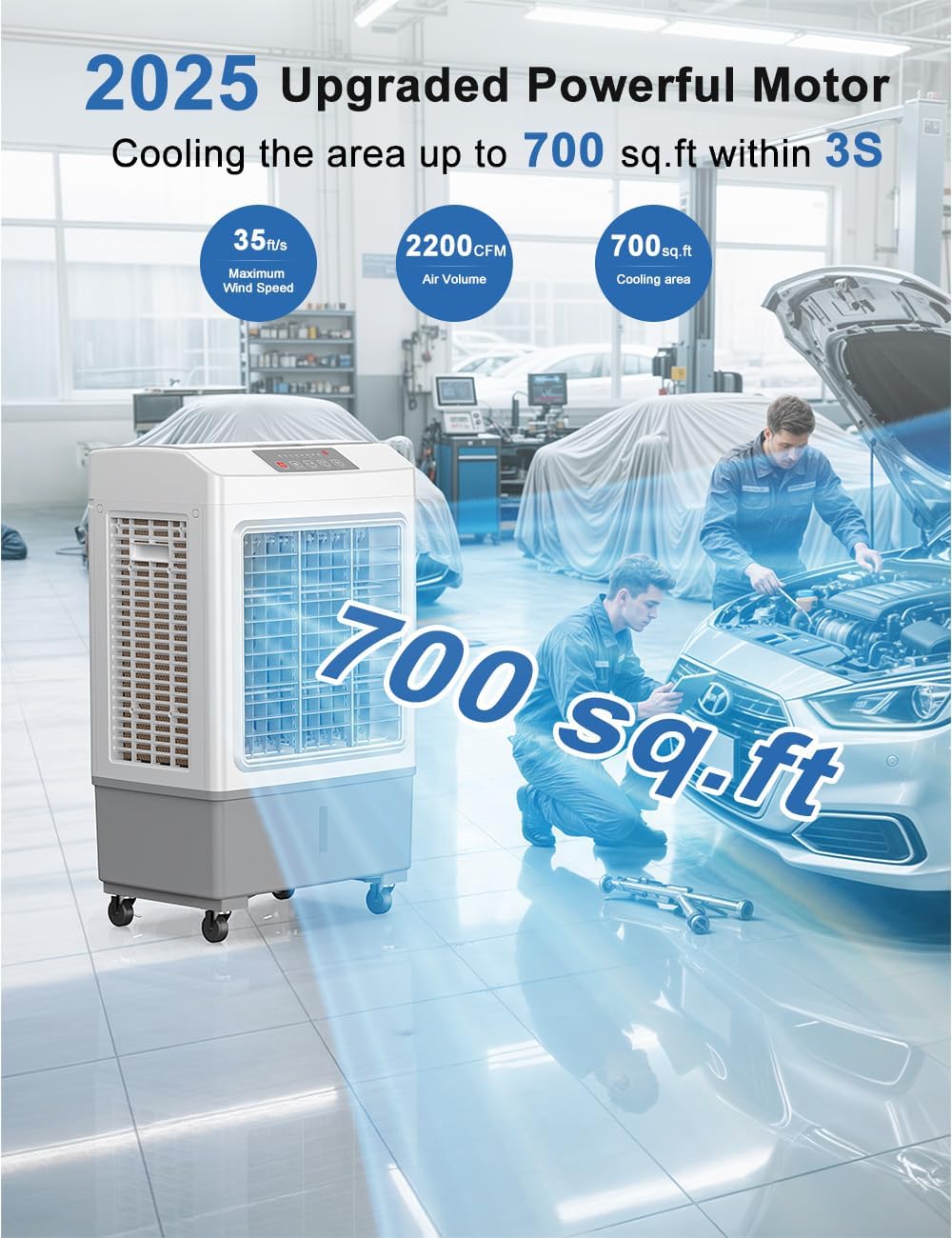 Large Swamp Cooler Air Conditioner, 2200CFM Evaporative Air Cooler, 7H Timer & 8 Gal Water Tank, 100°Oscillation, 3 Speeds & 1 Ice Boxes,Remote, Portable Air Conditioner for Garage Home