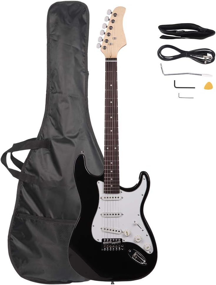 39 Inch Electric Guitar, Rosewood Fingerboard Electric Guitar, w/Picks, Strap, Cord, Bag, Tremolo Arm, for Beginner and Intermediate Performer (Black)