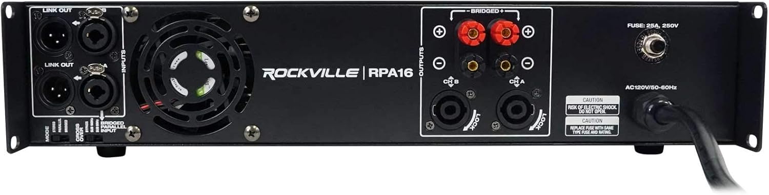 Rockville RPA16 10000W Peak/3000W RMS 2-Channel Power Amplifier, Bridgeable, Built-in Crossover, Limiter, LCD Display, XLR/Speakon/Banana Outputs, for Pro Audio and DJ