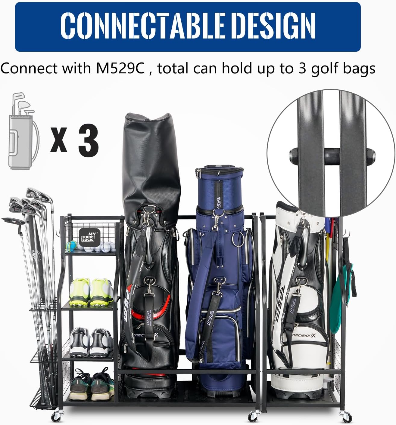 Mythinglogic Golf Storage Garage Organizer, Golf Bag Storage Stand and Other Golfing Equipment Rack, Extra Storage Rack for Golf Clubs