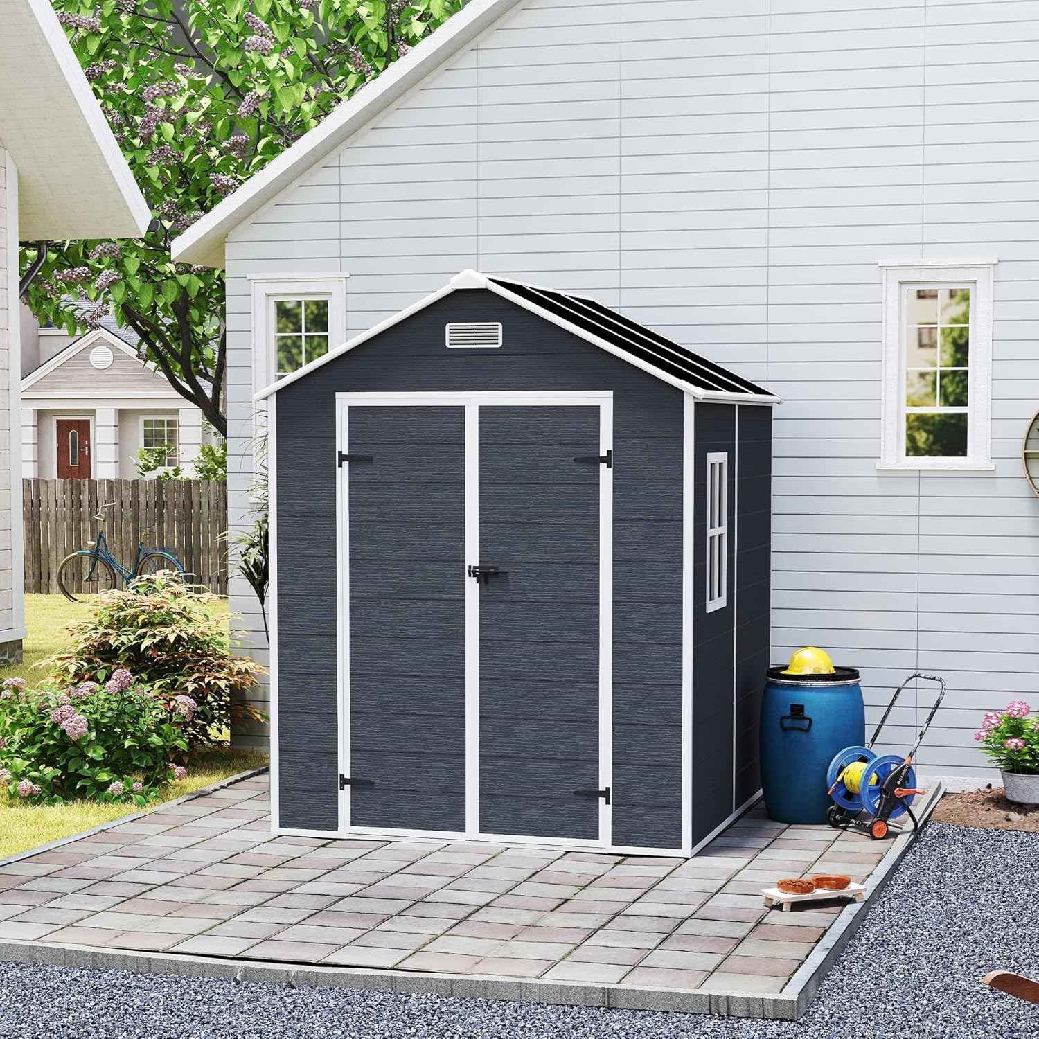 GOWE Campcraft 6 * 6ft Resin Storage shed, pp Material with Lockable Door,Strong Structure, Waterproof, Rust and UV Proof, Large Storage Space, 12mm Thick pp Board, HD Window Lighting Dark Gray