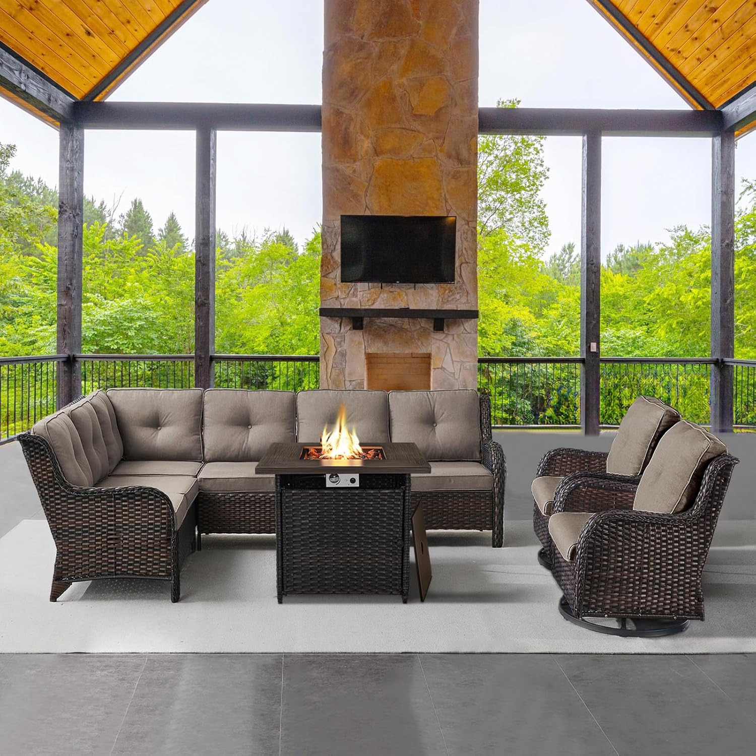 Belord Outdoor Sectional Furniture Sofa Set with Propane Fire Pit Table, Wicker Patio Conversation Set with 2 Swivel Rocker Glider Chairs Grey Cushion Perfect for Backyard Casual Gathering