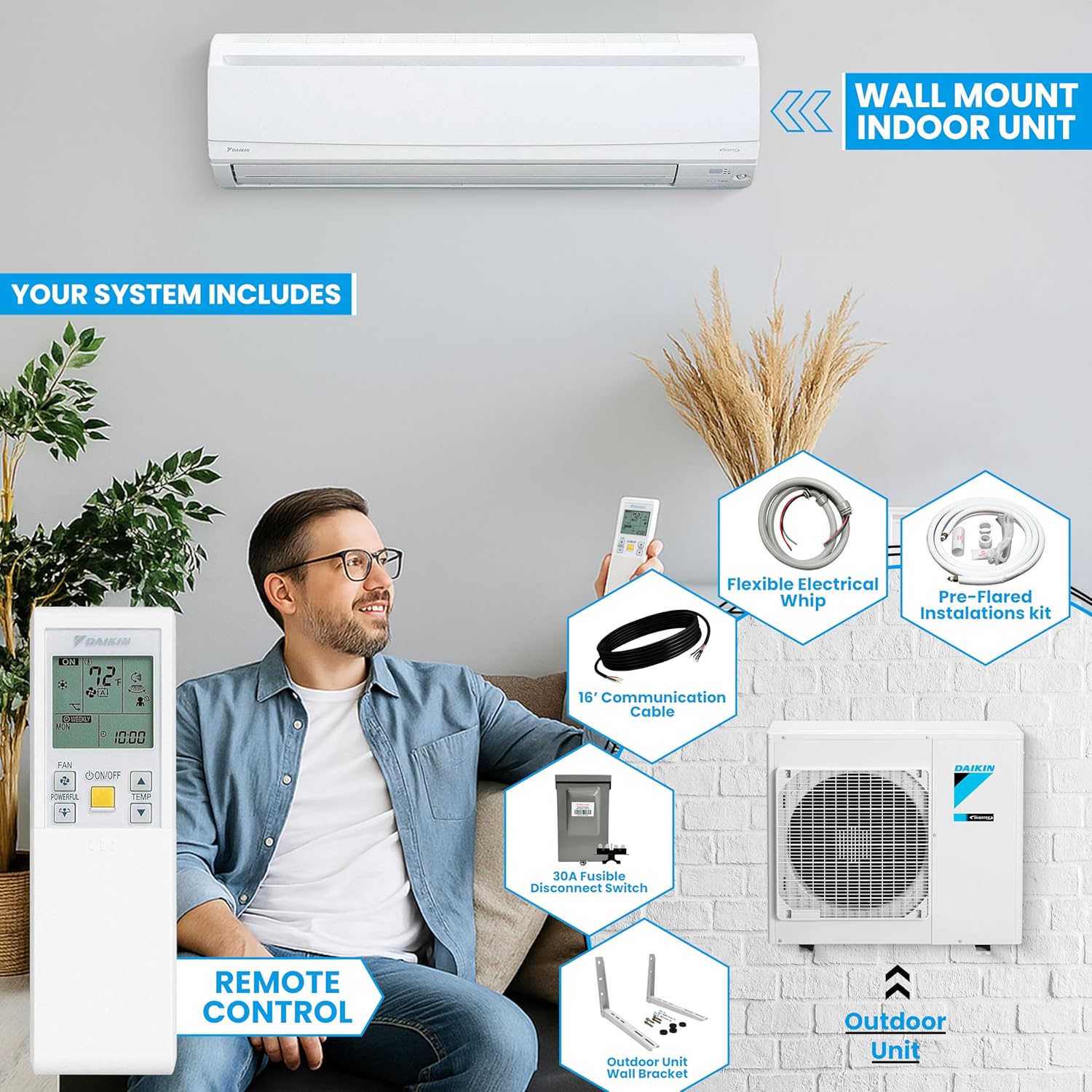 Daikin 15,000 Btu 20 SEER2 LV Series Ductless Mini-Split Wall Mount Heat Pump Air Conditioner with 15' Installation Kit, Wall Bracket, 1/2 Electric Whip, 30A Fuse -230V