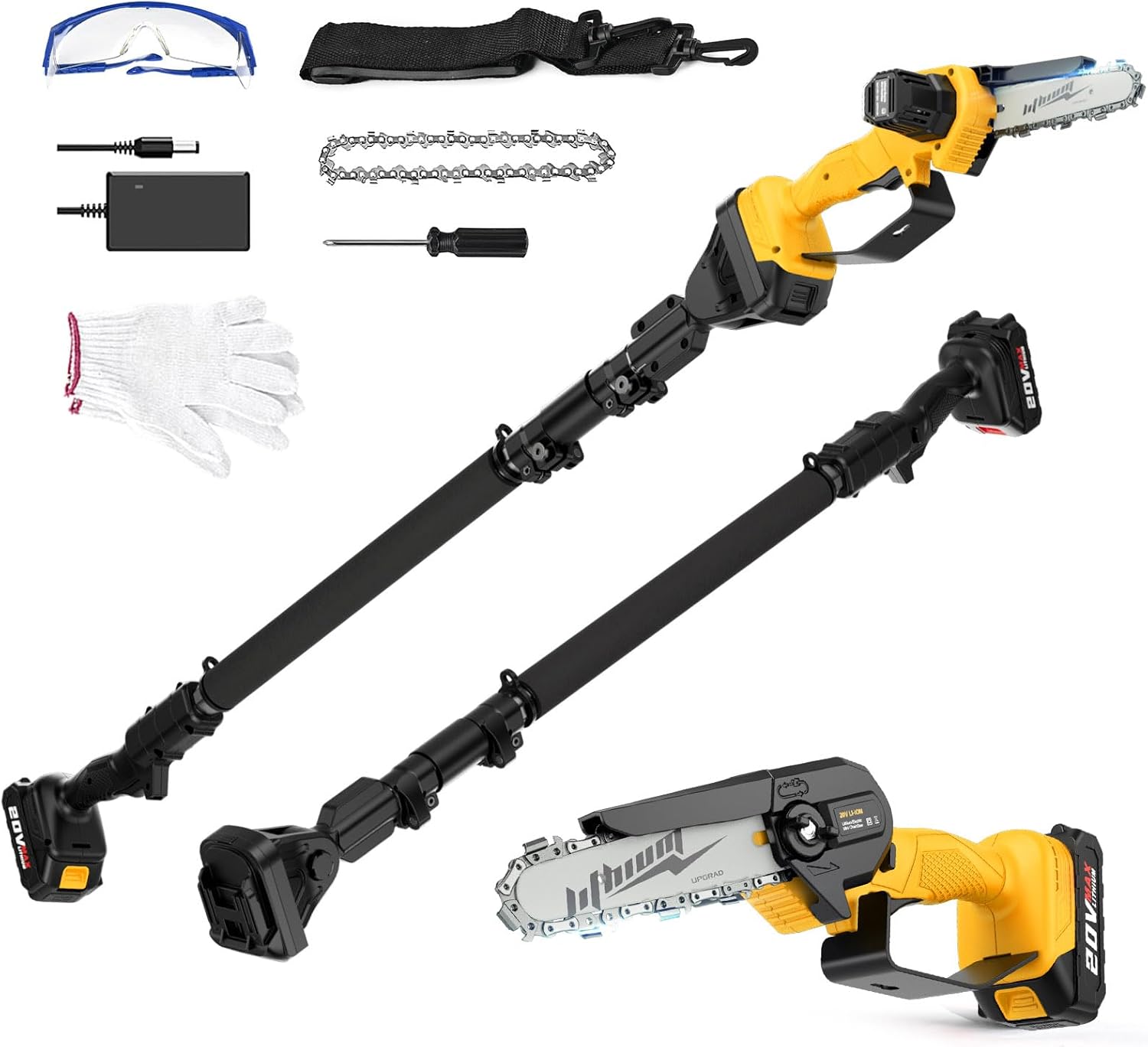 2-in-1 Electric Pole Saw/Cordless Pole Saw& Pruner Brushless Motor,20v Lithium Battery, Extendable to 8.6ft for High Tree Trimming. Lightweight & Powerful Gardening Tool-Perfect Valentine's (Yellow)