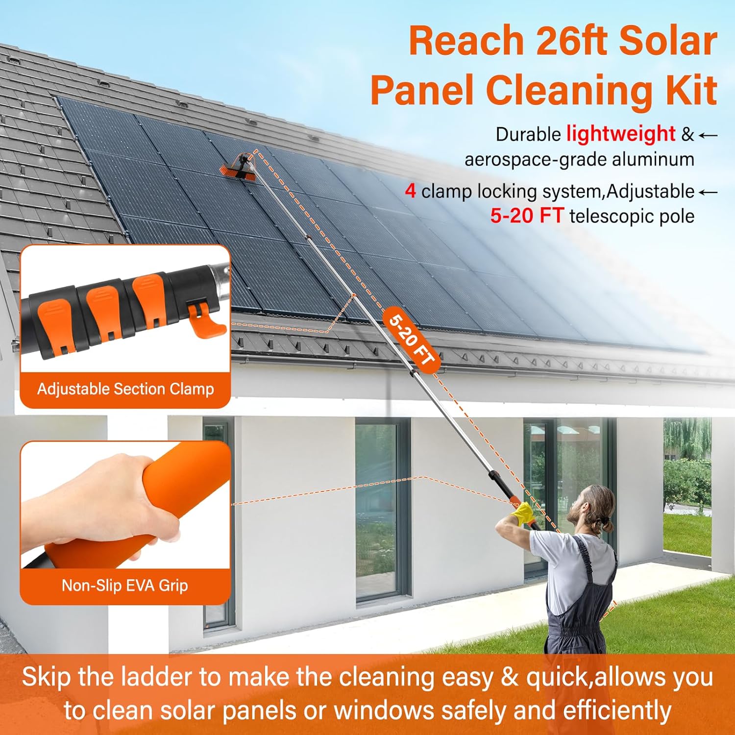 20FT Water Fed Solar Panel Cleaner Brush and Pole,Solar Panel Cleaning Kit with Telescopic Pole & Cleaner Solution Dispenser,180°Rotatable Solar Cleaning Brush with Lightweight Pole for RV,Boat,Deck