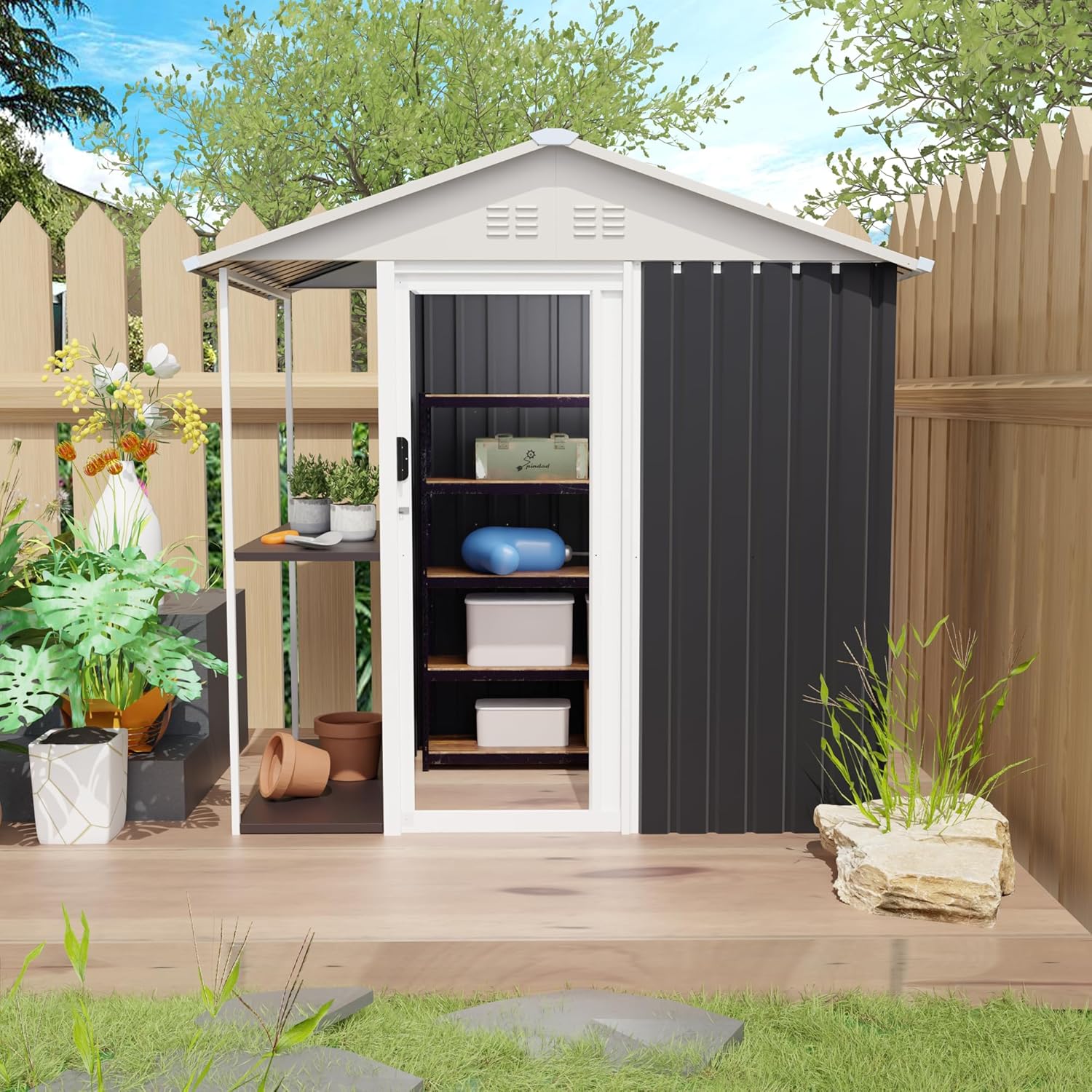 6x4 FT Metal Garden Shed with Storage Shelves & Rack, Outdoor Tool Shed for Patio Backyard, Bike Cabinet Box for Lawn Equipment & Tools (6x4 FT with Storage Rack)