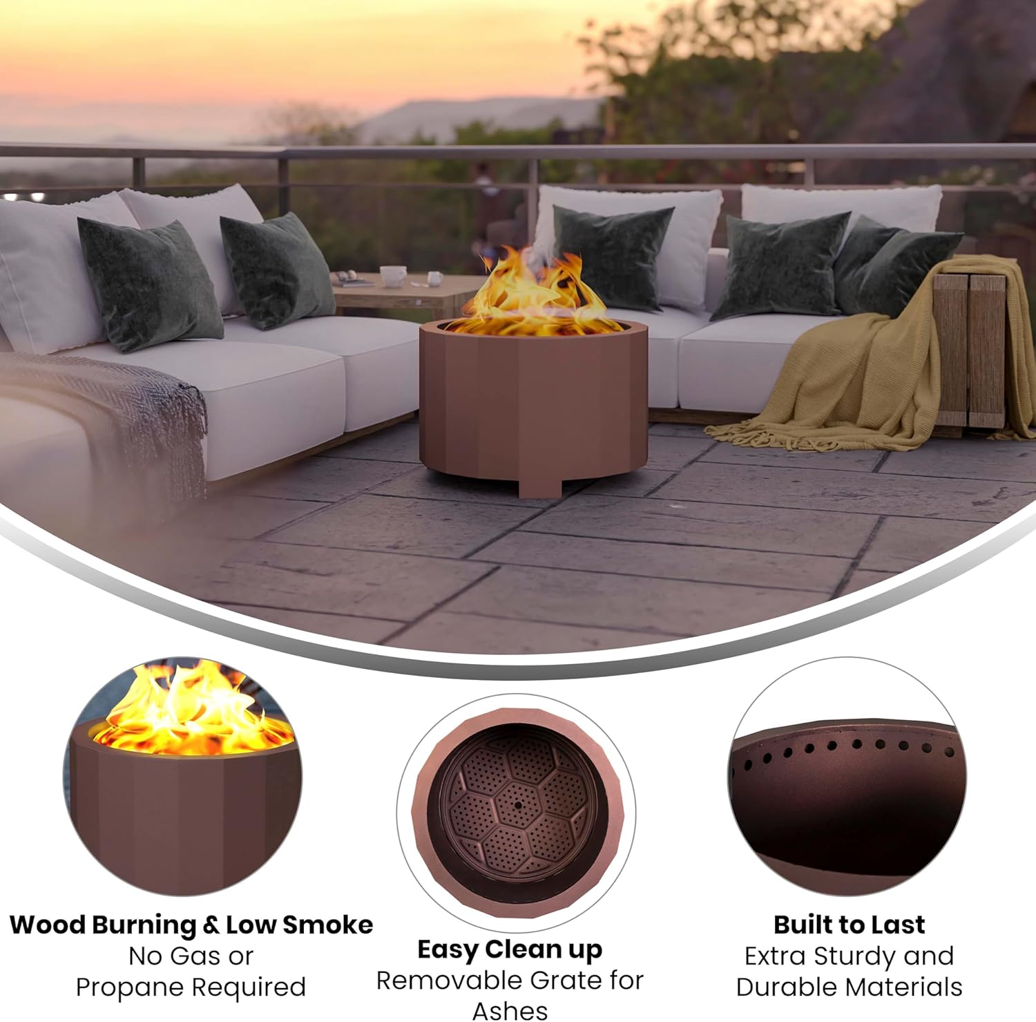 BizChair Commercial Grade Wood Burning Smokeless Outdoor Firepit - Bronze Finish - 27 inches - Portable - Waterproof Cover