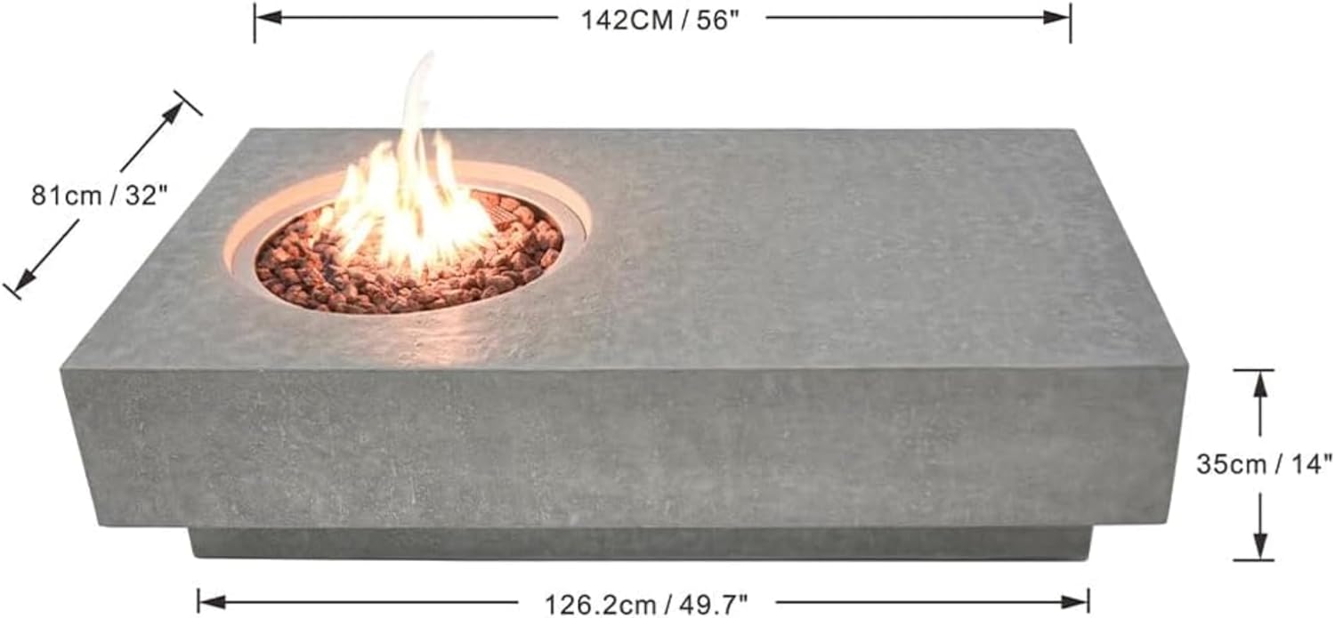 Metropolis Fire Table Light Grey Natural Gas Fire Pit Modern Outdoor Concrete Fire Table with Lava Rocks & Weather-Resistant Finish Elegant Patio Heating