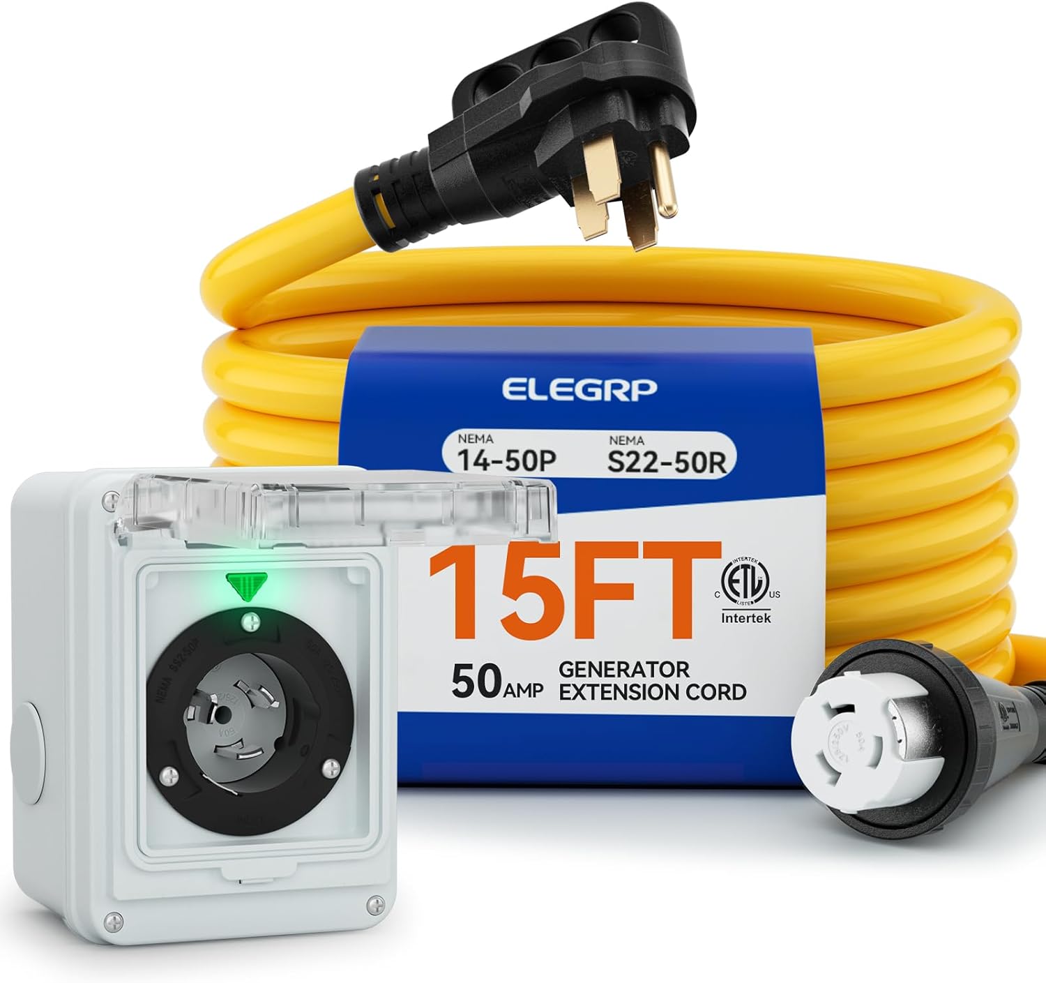 ELEGRP 50 Amp Generator RV Cord 15 FT and Power Inlet Box, Pre-Drilled Generator Inlet Box, NEMA 14-50P to NEMA SS2-50R 6/3+8/1 Gauge STW Generator Cord Waterproof Combo Kit, UL Standard Compliant