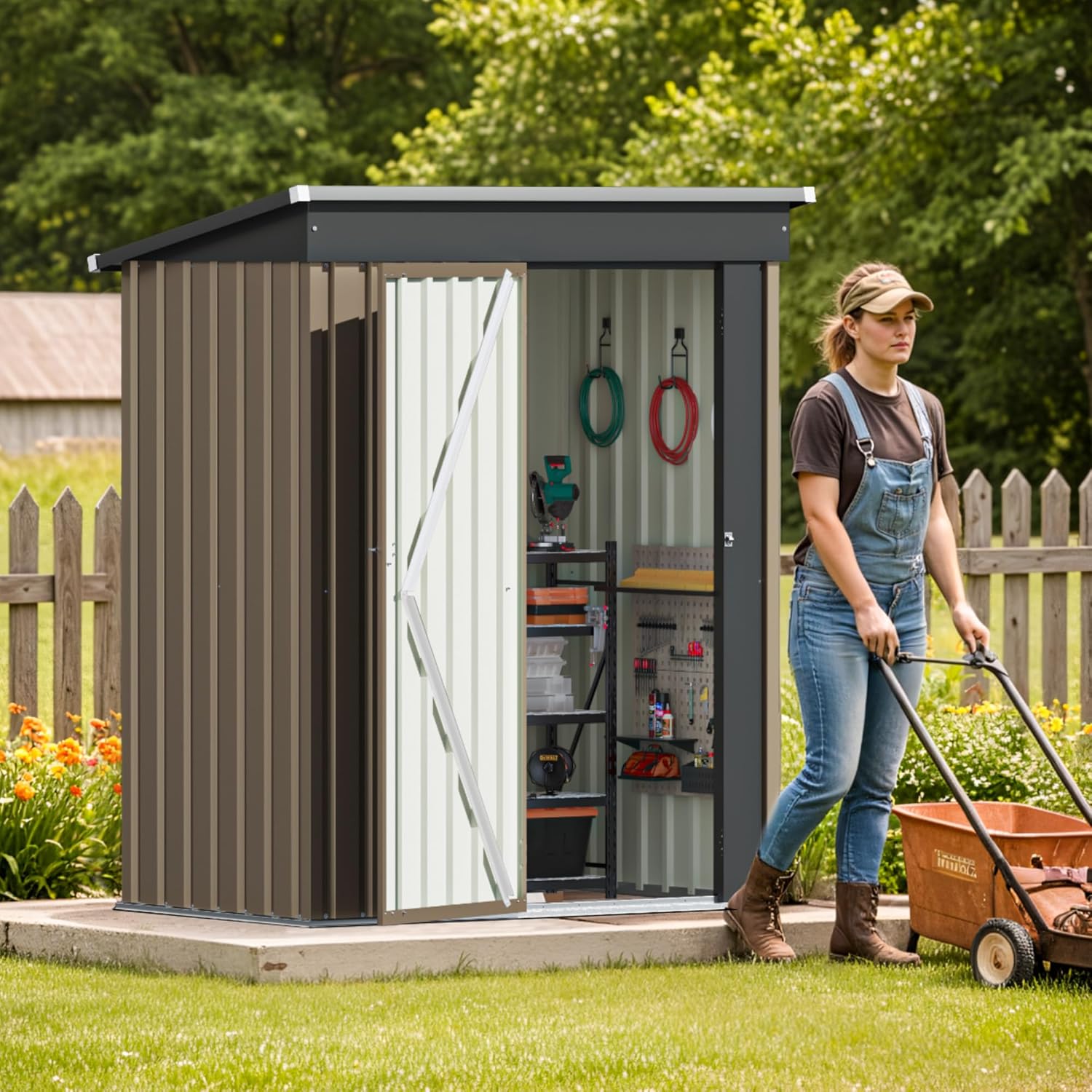 Patiolife 5x3 FT Outdoor Storage Shed, Small Tool Metal Shed with Lockable Door & Sloping Roof, Garden Shed for Backyard Patio Lawn, Brown