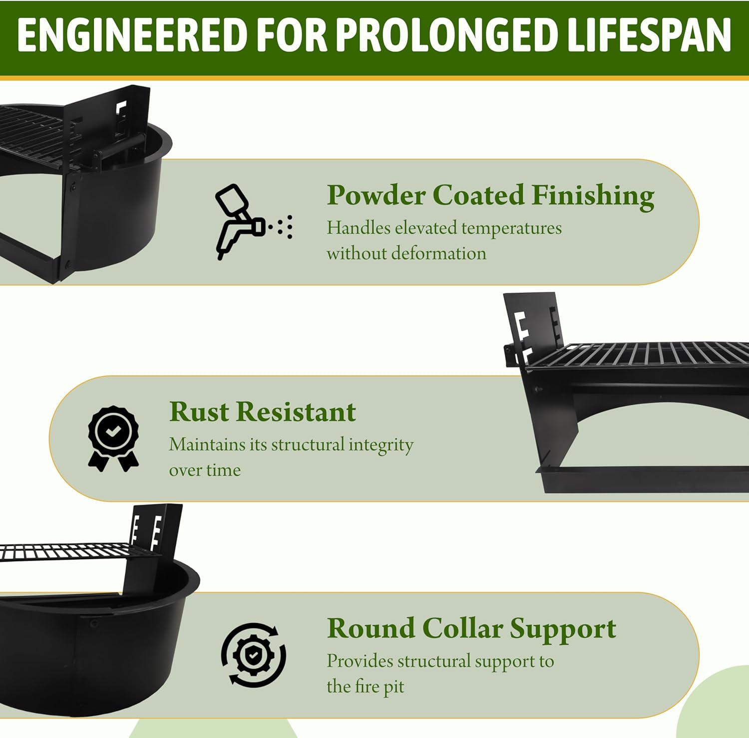 FEBTECH - Outdoor Fire Pit Insert Ring Liner with Adjustable Cooking Grill Grate - Heavy Duty Wood Burning Fire Pit with Cooking Grate for Outdoor Cooking Fireplace, Bonfire or Campfire Black